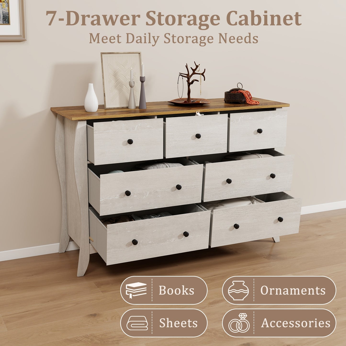 Wood Top Dresser with 7 Folding Fabric Drawers and Anti-Tip Safety Features – Grey