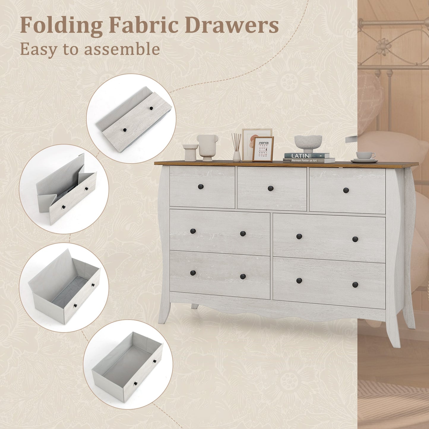 Wood Top Dresser with 7 Folding Fabric Drawers and Anti-Tip Safety Features – Grey