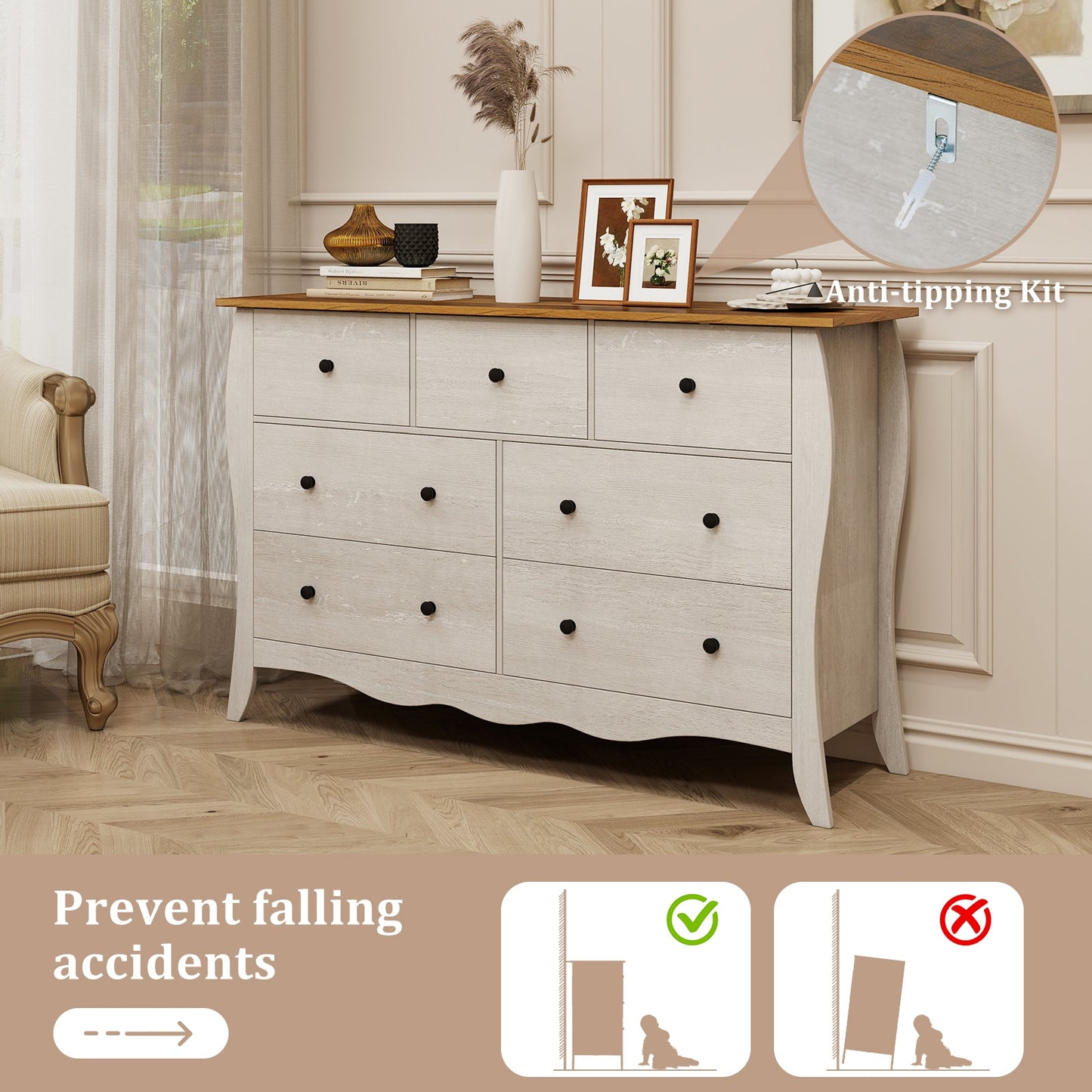Wood Top Dresser with 7 Folding Fabric Drawers and Anti-Tip Safety Features – Grey