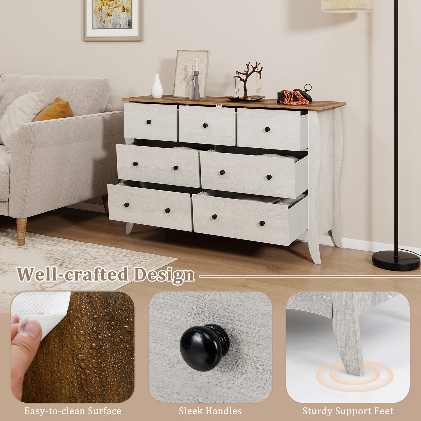 Wood Top Dresser with 7 Folding Fabric Drawers and Anti-Tip Safety Features – Grey