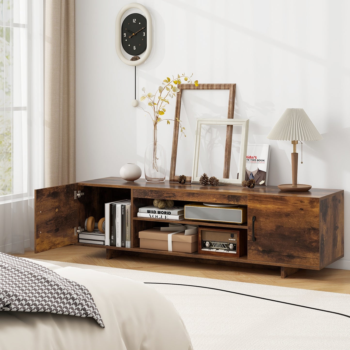60 Inch TV Stand with Power Outlet, Cable Management, and Storage for 65 Inch TVs - Rustic Brown