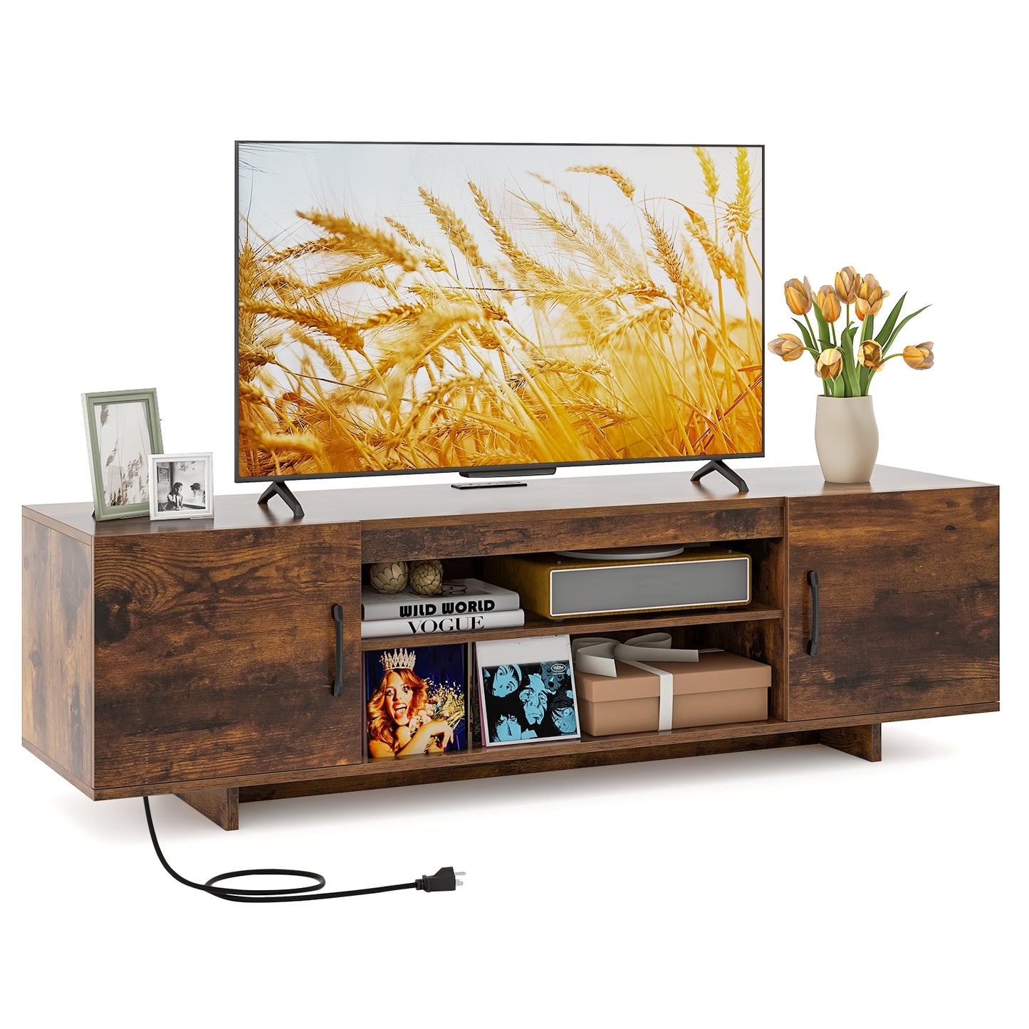 60 Inch TV Stand with Power Outlet, Cable Management, and Storage for 65 Inch TVs - Rustic Brown