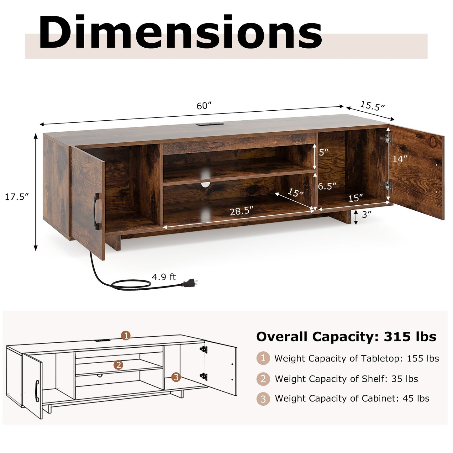 60 Inch TV Stand with Power Outlet, Cable Management, and Storage for 65 Inch TVs - Rustic Brown