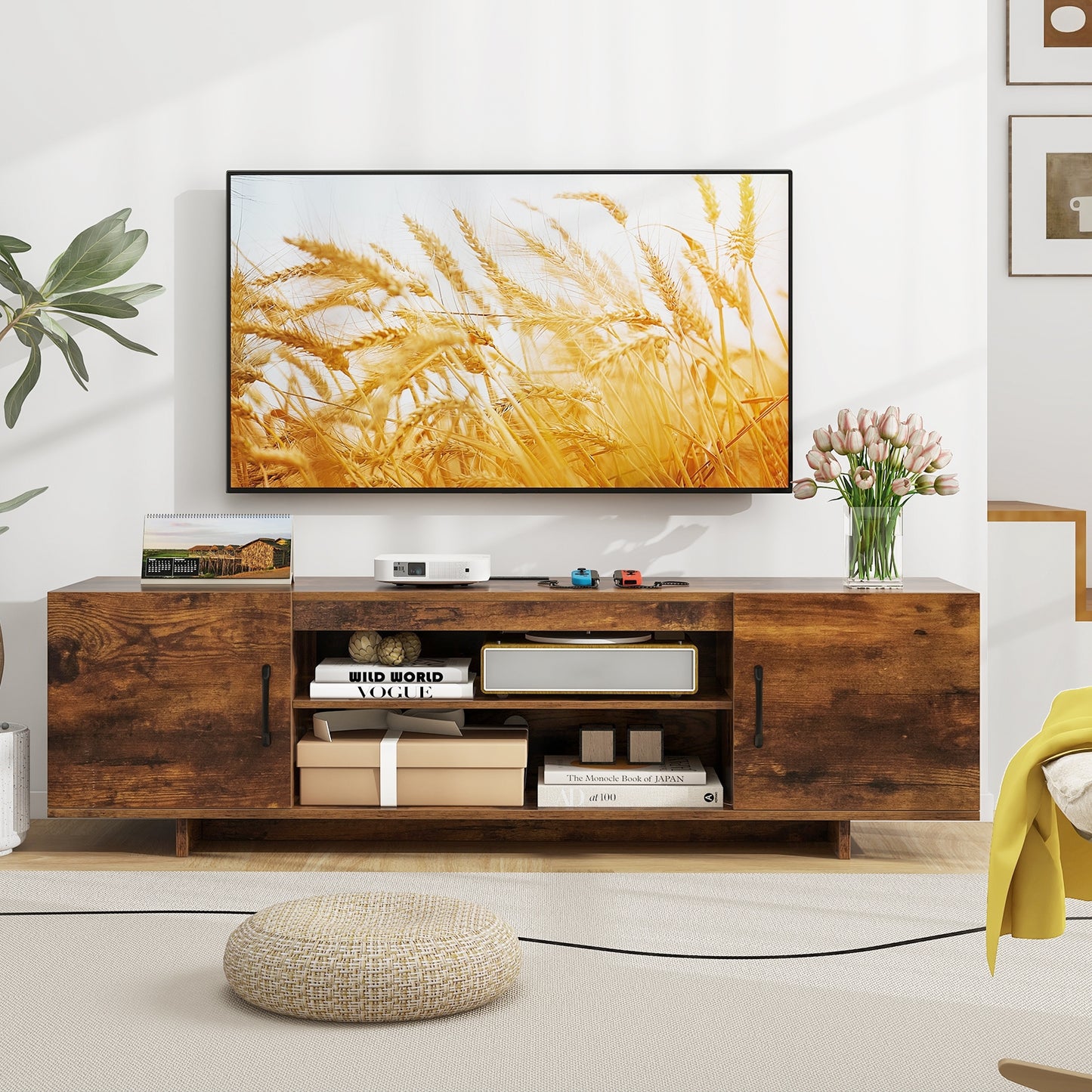 60 Inch TV Stand with Power Outlet, Cable Management, and Storage for 65 Inch TVs - Rustic Brown