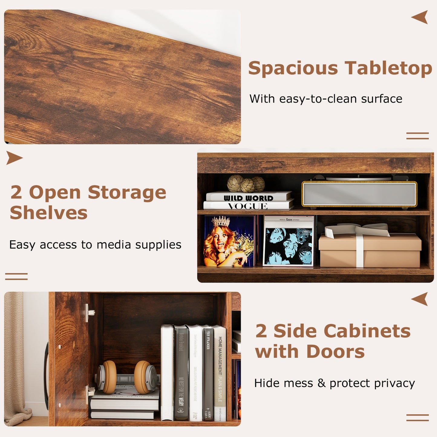 60 Inch TV Stand with Power Outlet, Cable Management, and Storage for 65 Inch TVs - Rustic Brown