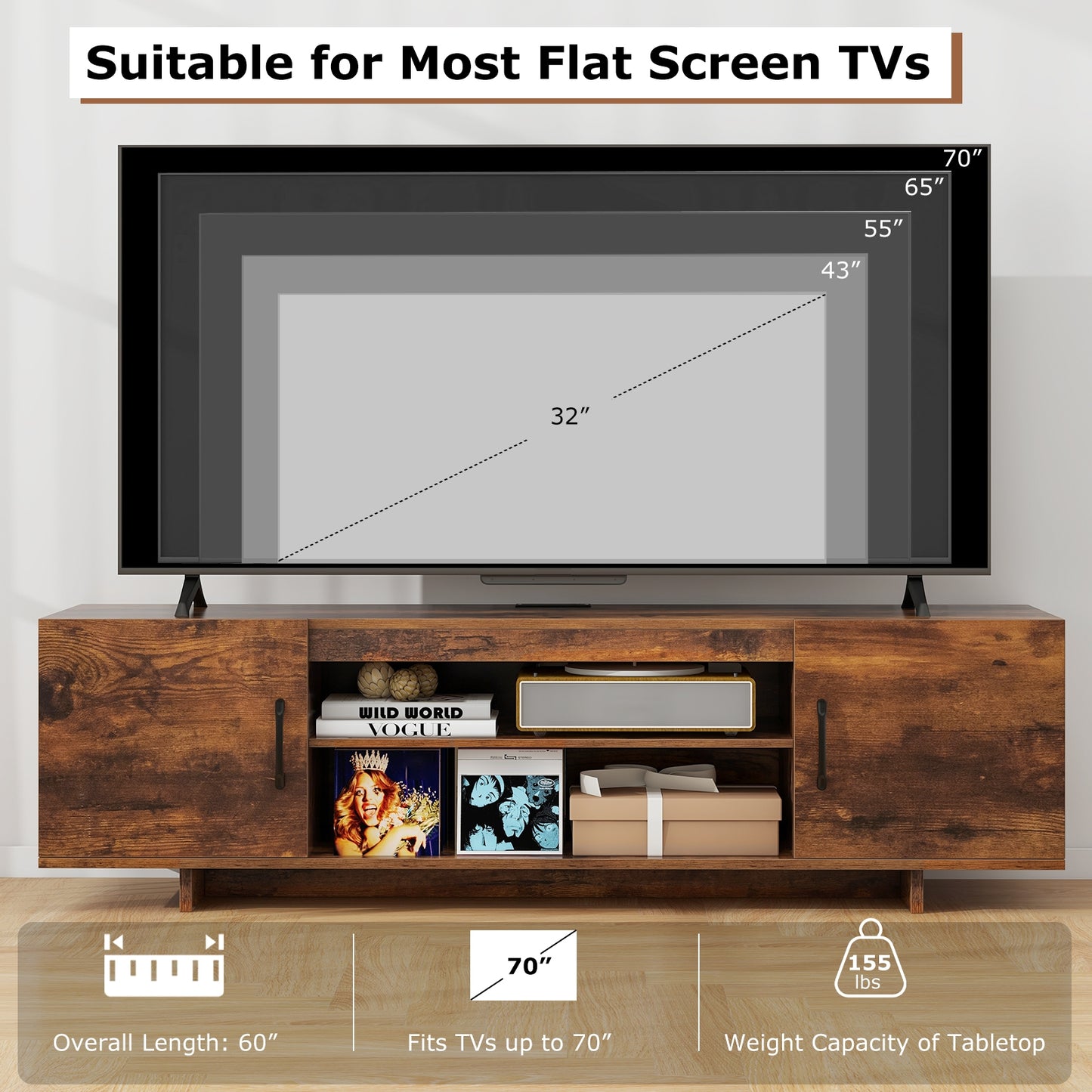60 Inch TV Stand with Power Outlet, Cable Management, and Storage for 65 Inch TVs - Rustic Brown