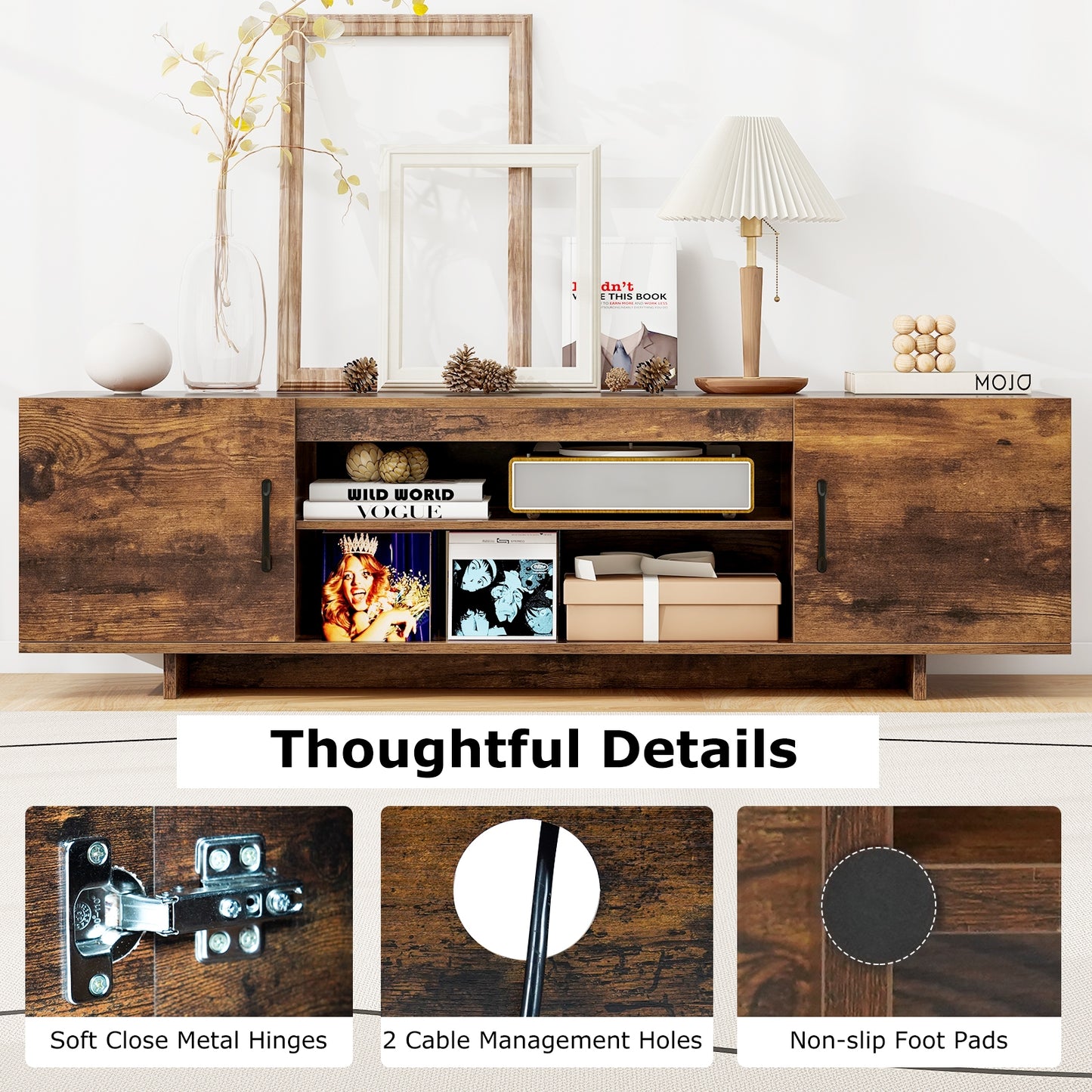 60 Inch TV Stand with Power Outlet, Cable Management, and Storage for 65 Inch TVs - Rustic Brown