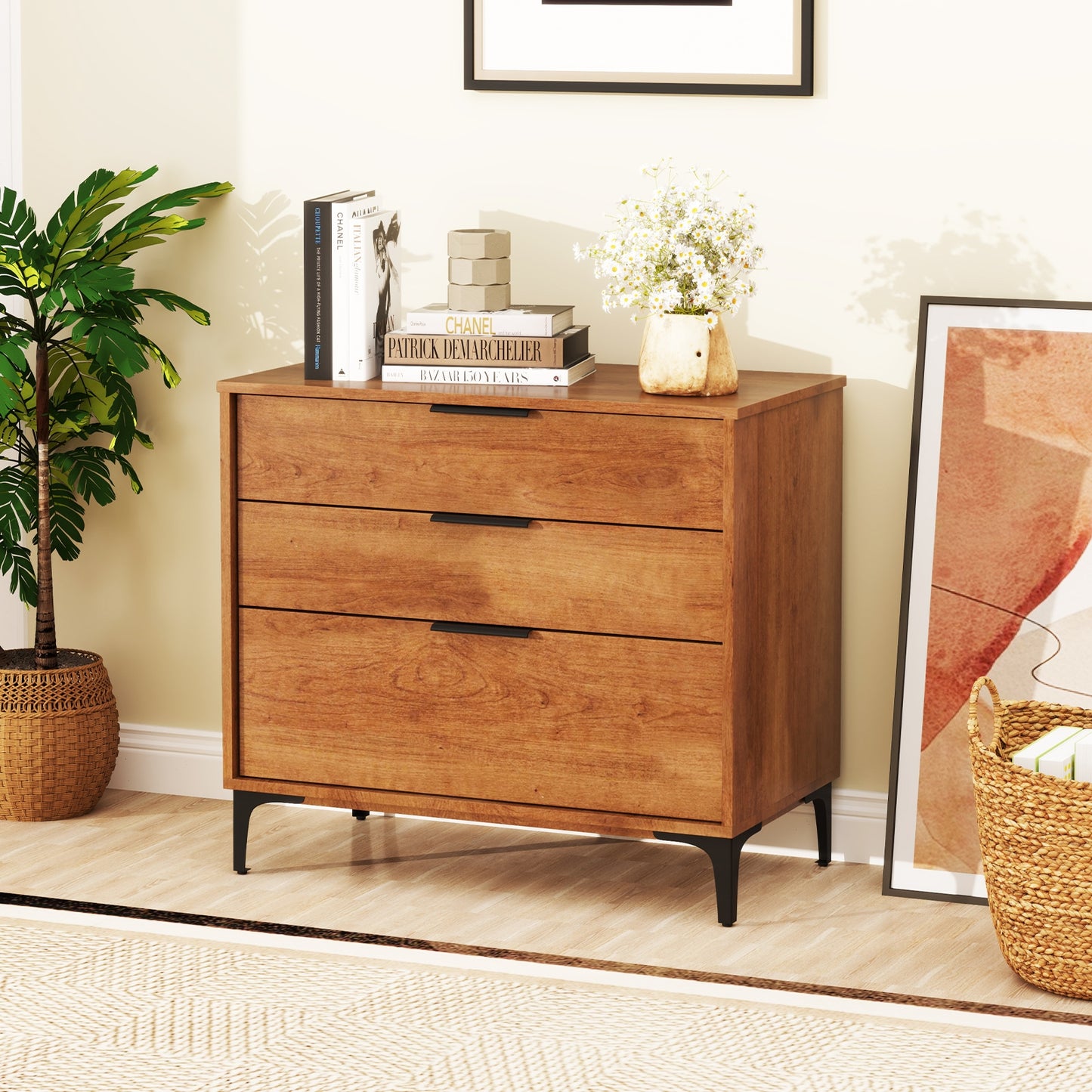 3-Drawer Dresser with Metal Legs and Anti-Tip Kit for Bedroom or Living Room