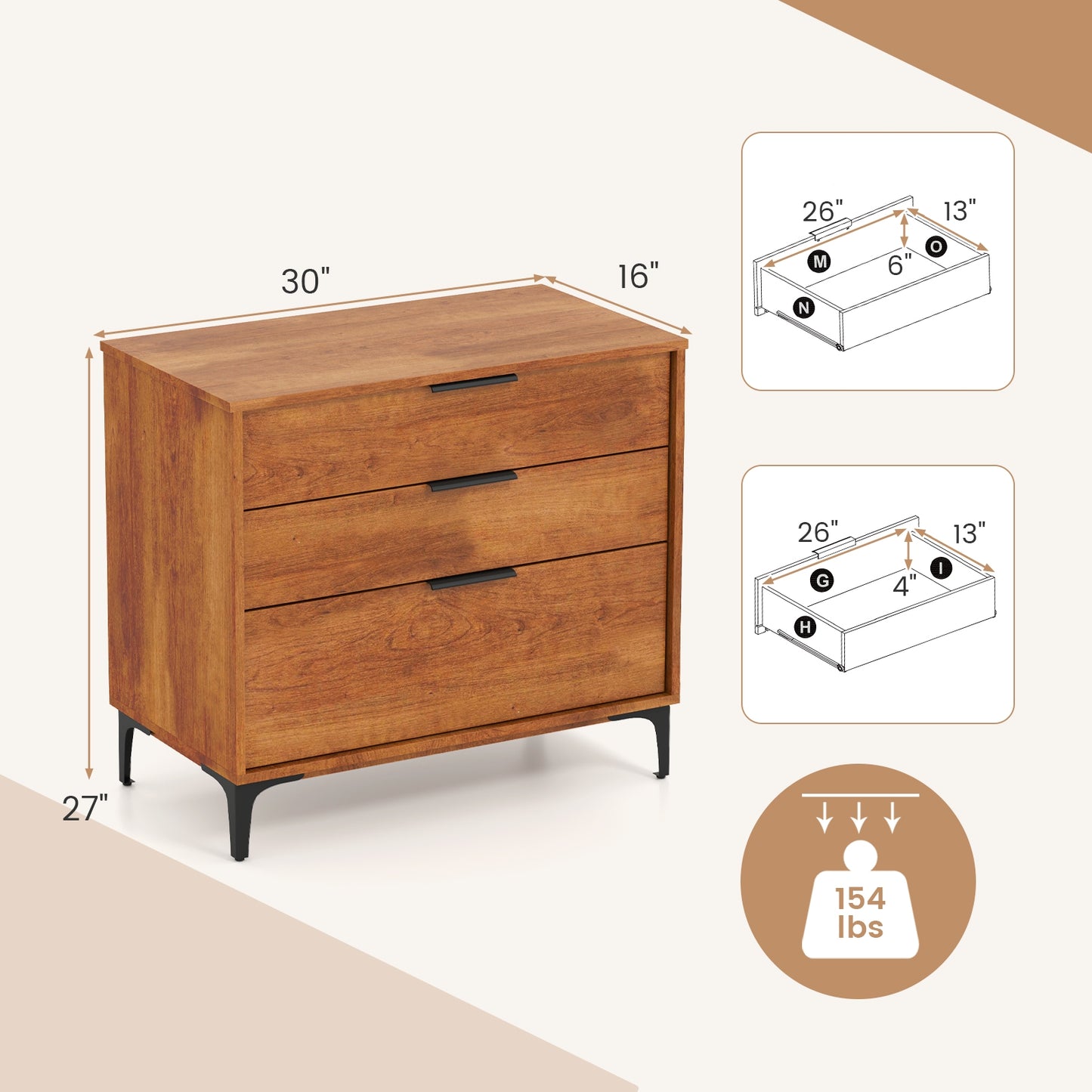 3-Drawer Dresser with Metal Legs and Anti-Tip Kit for Bedroom or Living Room