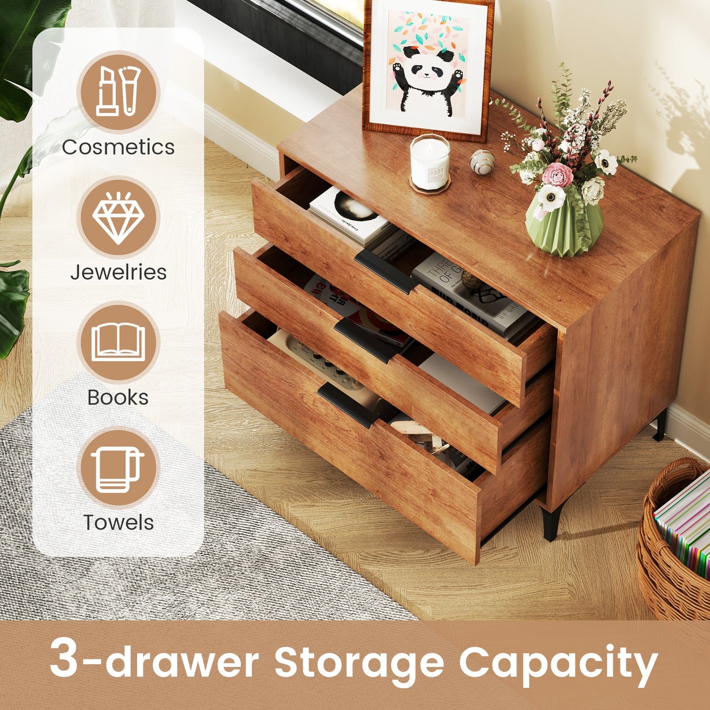 3-Drawer Dresser with Metal Legs and Anti-Tip Kit for Bedroom or Living Room
