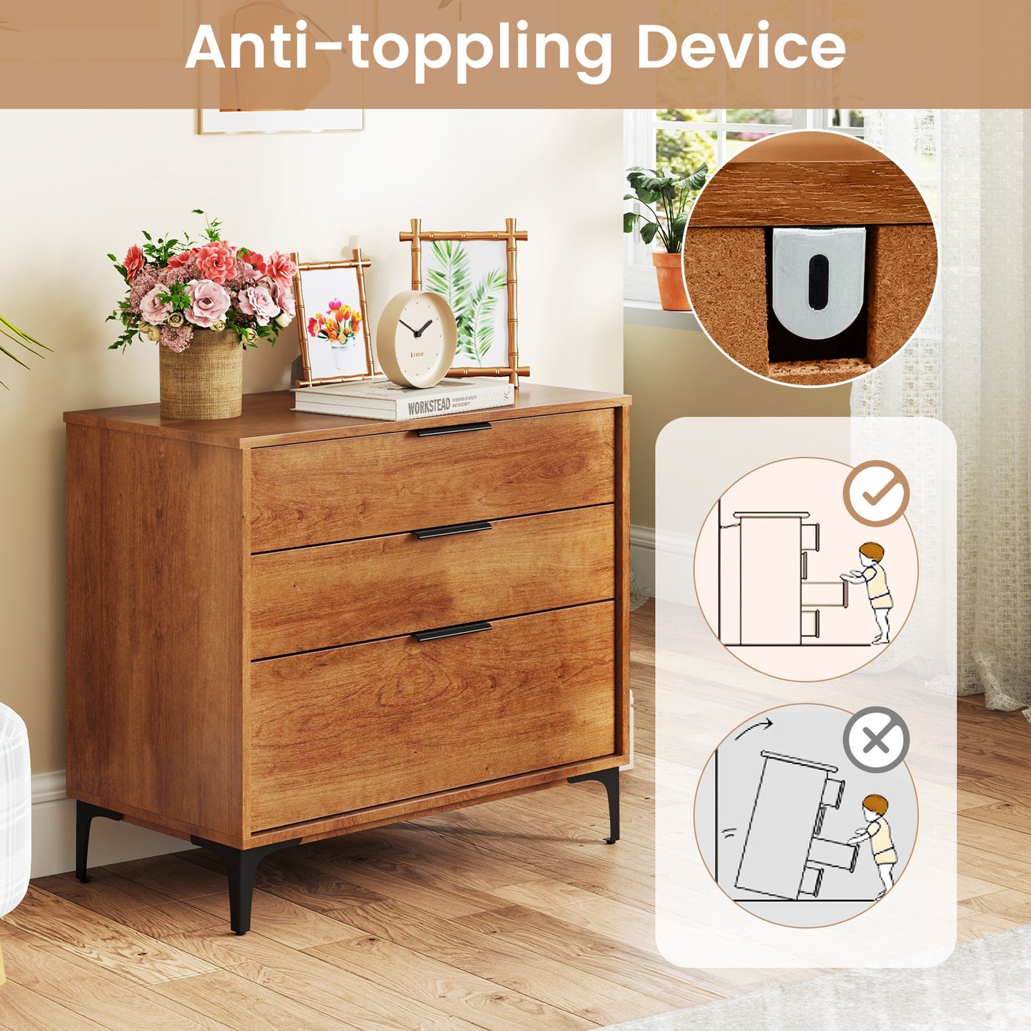 3-Drawer Dresser with Metal Legs and Anti-Tip Kit for Bedroom or Living Room
