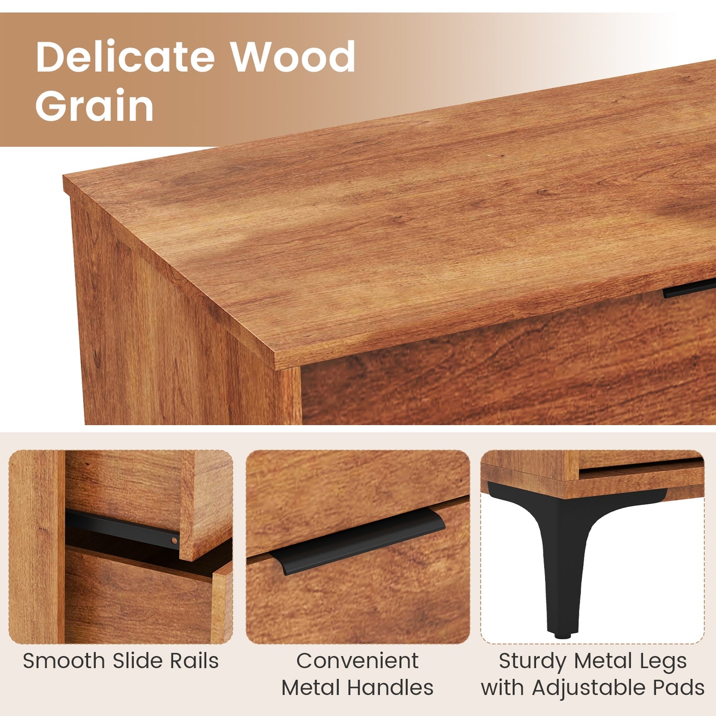3-Drawer Dresser with Metal Legs and Anti-Tip Kit for Bedroom or Living Room