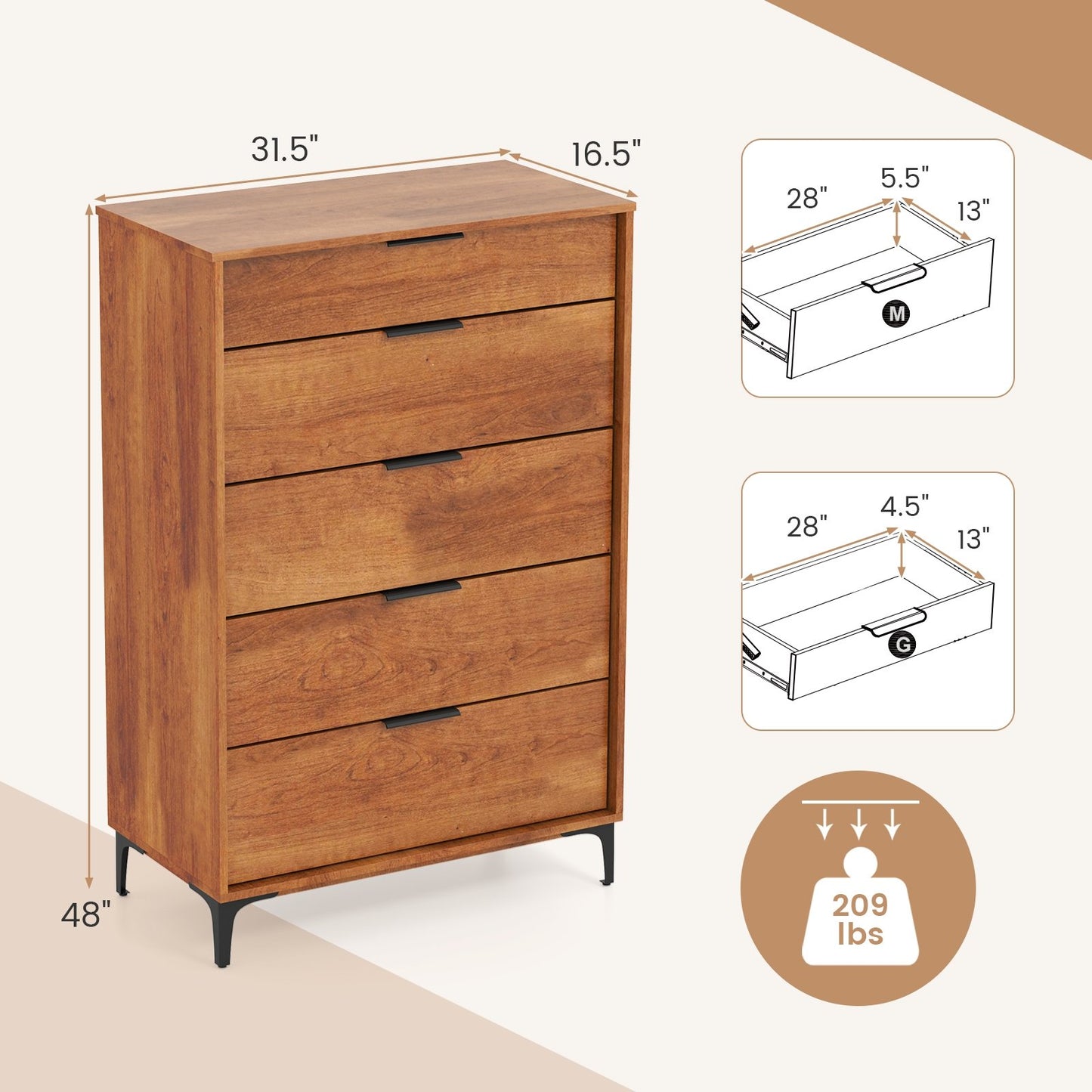 5-Drawer Dresser with Metal Legs and Anti-Tip Kit for Bedroom or Living Room