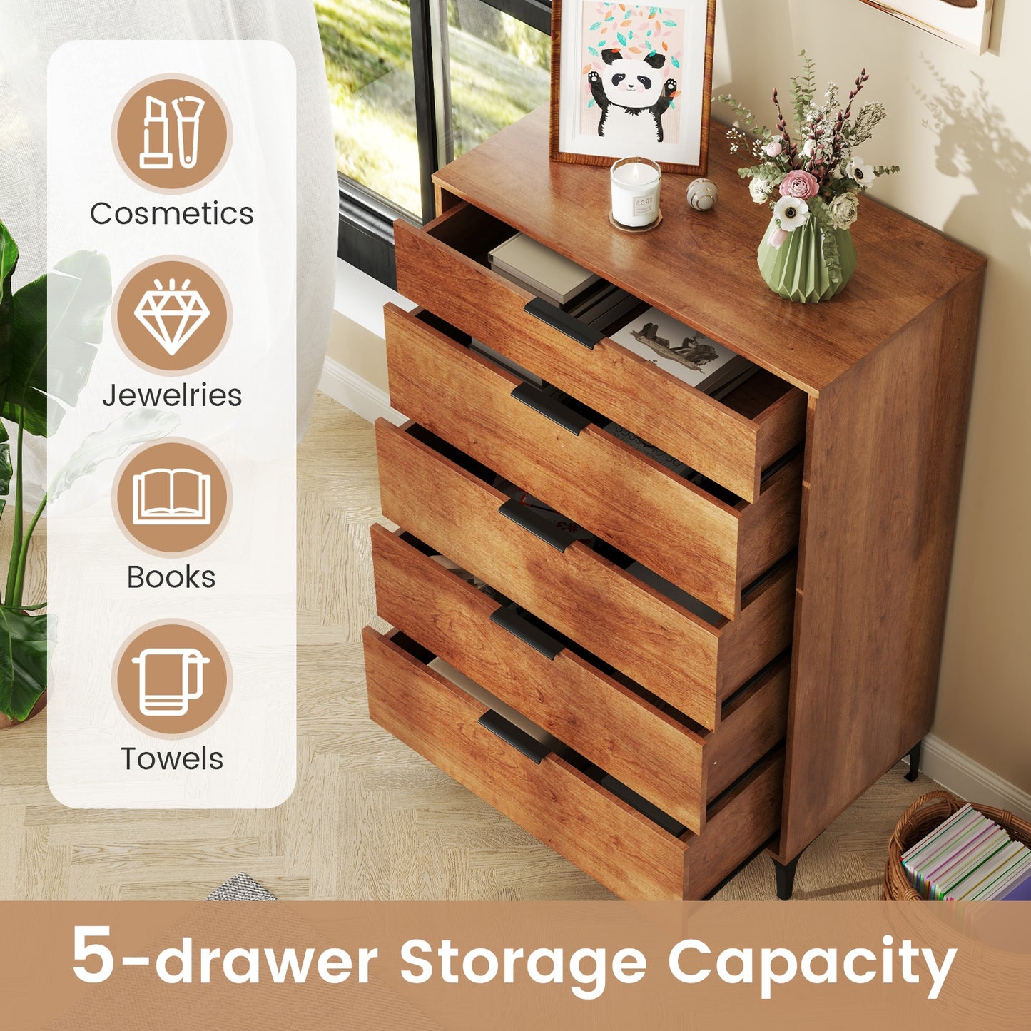 5-Drawer Dresser with Metal Legs and Anti-Tip Kit for Bedroom or Living Room