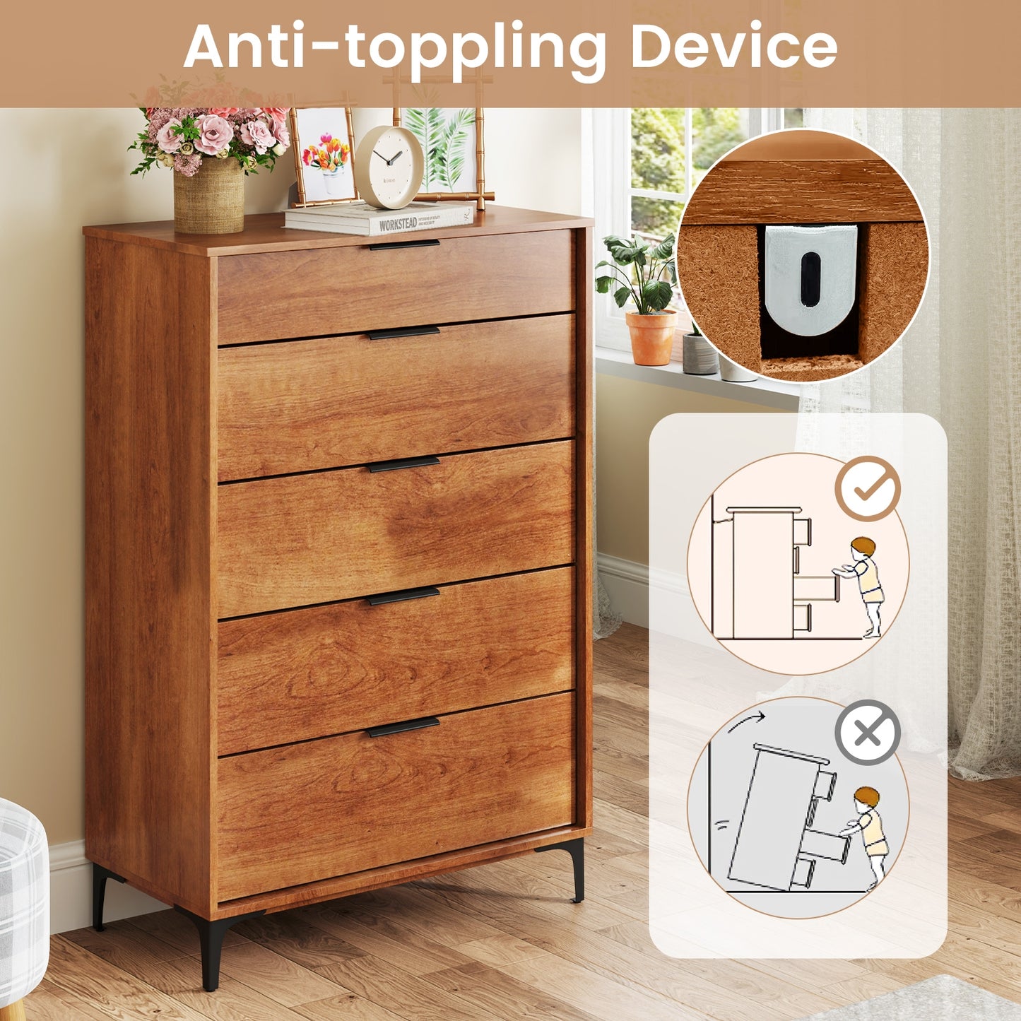5-Drawer Dresser with Metal Legs and Anti-Tip Kit for Bedroom or Living Room