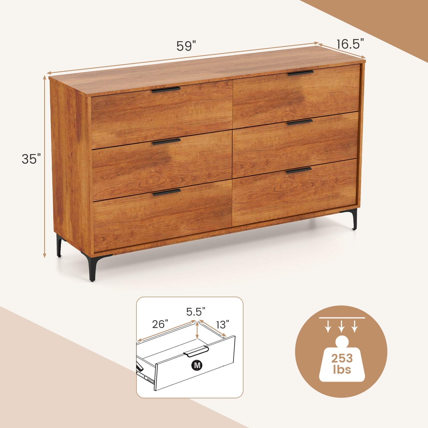 6-Drawer Dresser with Metal Legs and Anti-Tip Kit for Bedroom or Living Room