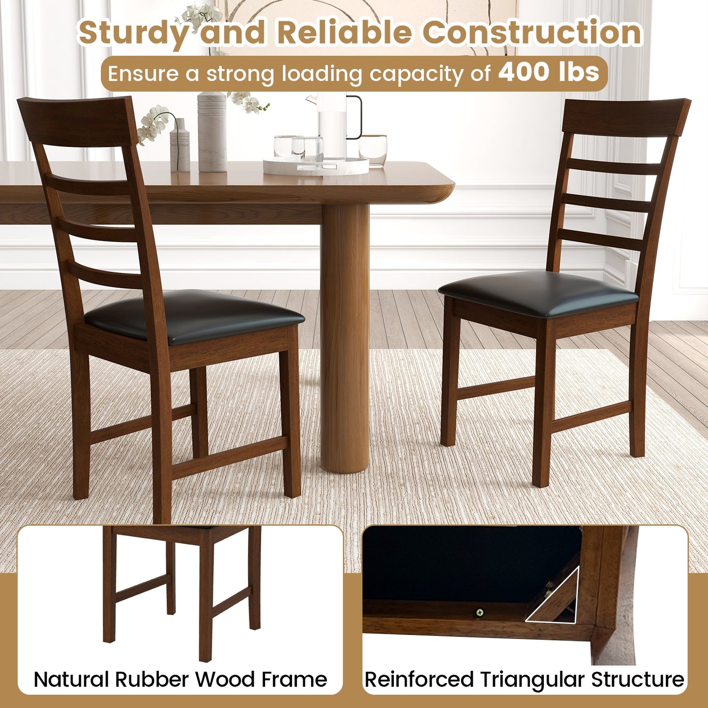 Elegant Wooden Dining Chairs Set of 2 with Rubber Wood Frame and PU Leather Upholstery