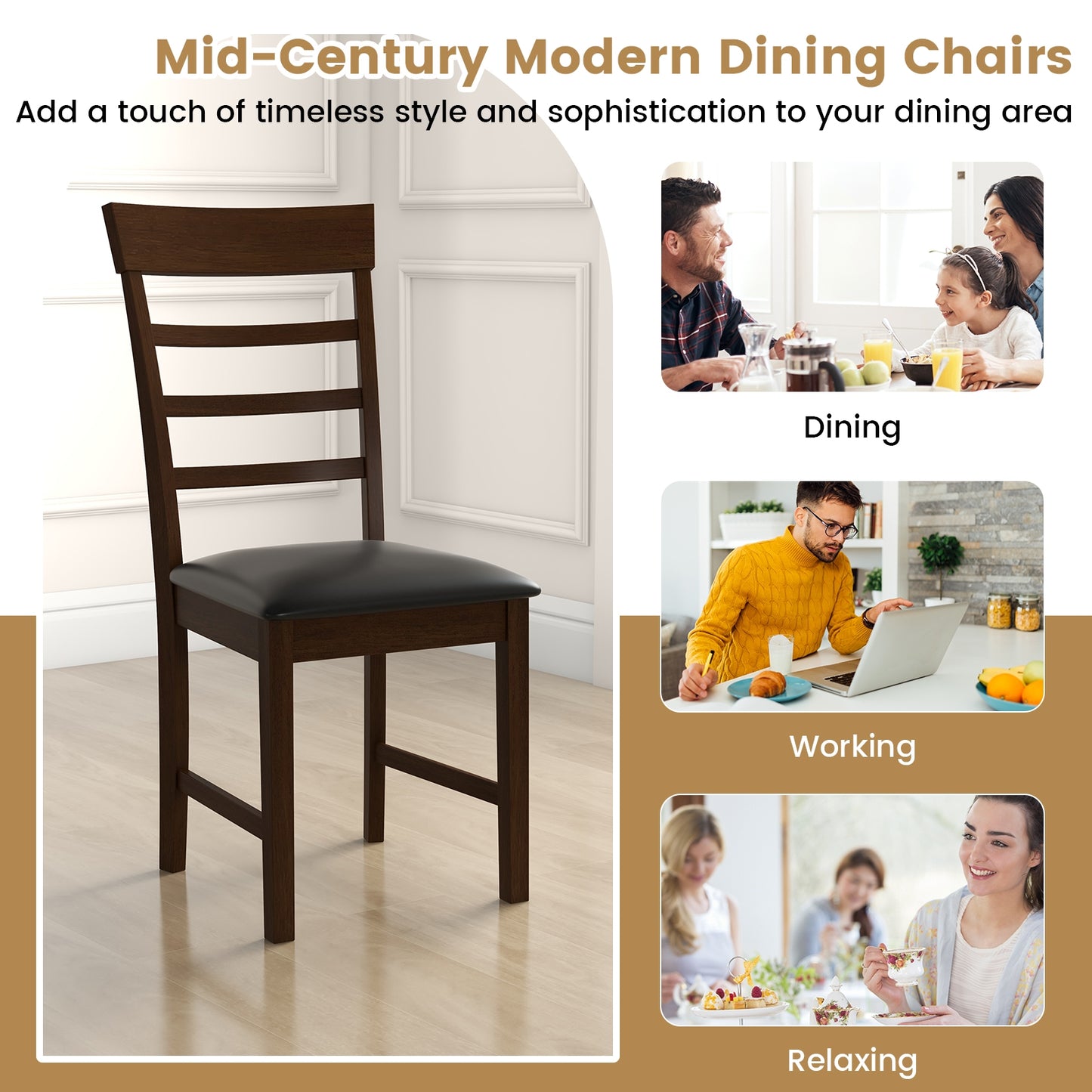 Elegant Wooden Dining Chairs Set of 2 with Rubber Wood Frame and PU Leather Upholstery