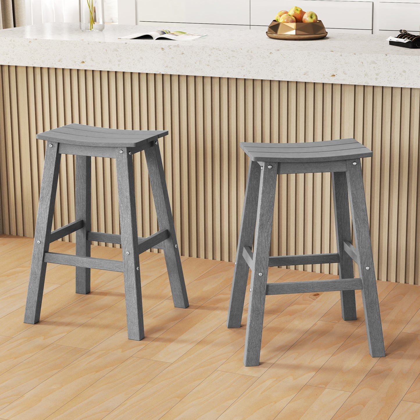 Outdoor Saddle Bar Stools Set of 2, 29 Inch HDPE Armless Patio Seating with Footrest, Grey Finish