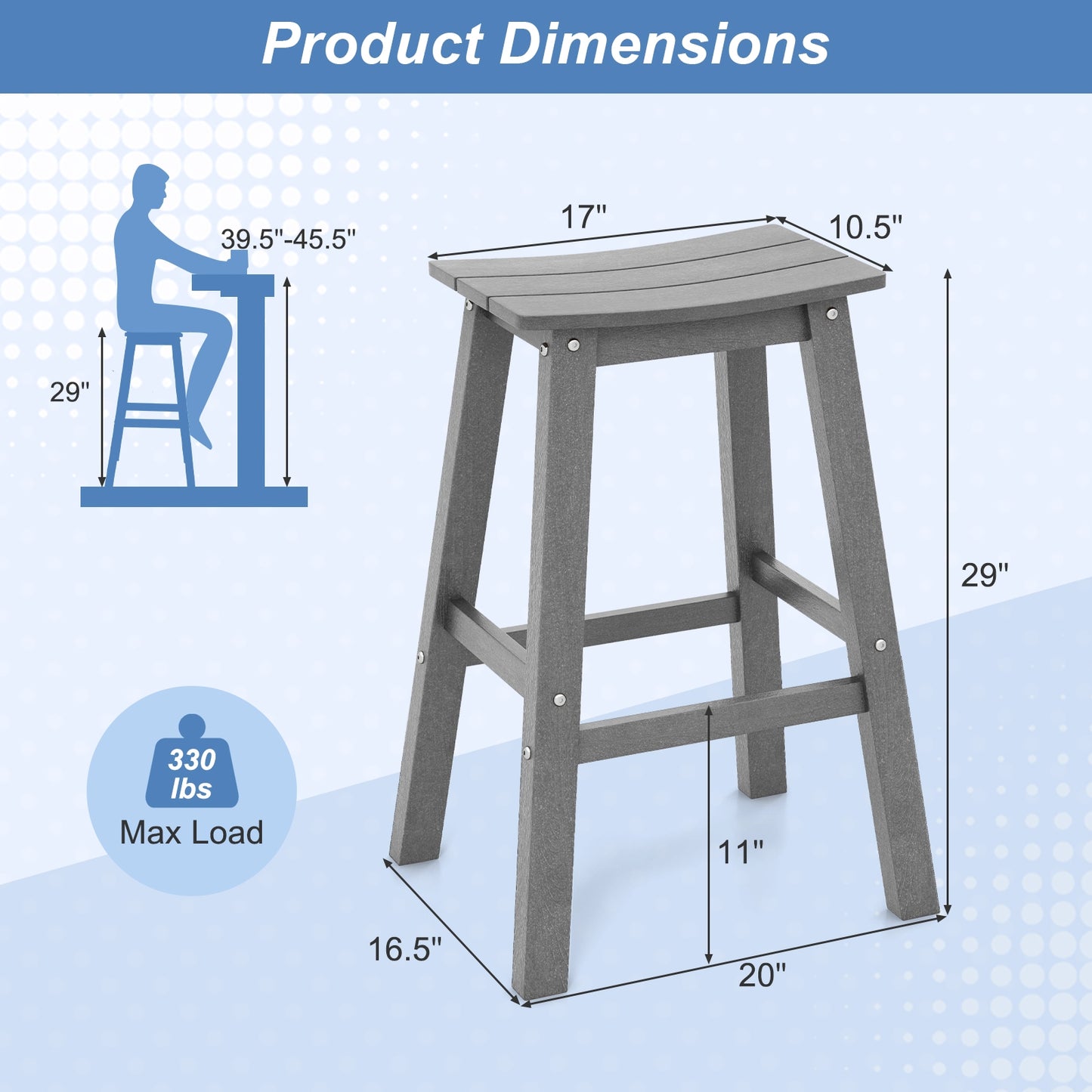 Outdoor Saddle Bar Stools Set of 2, 29 Inch HDPE Armless Patio Seating with Footrest, Grey Finish