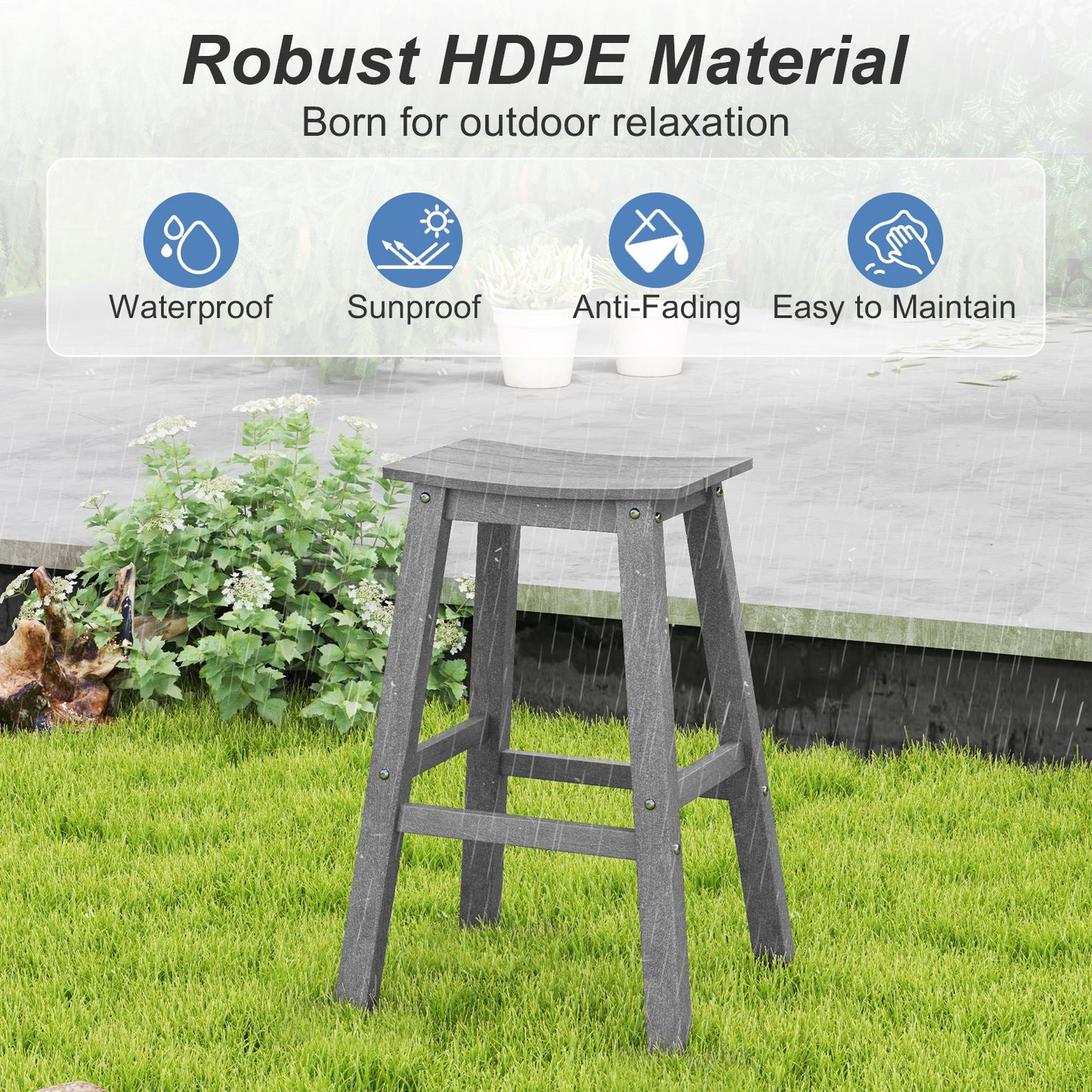 Outdoor Saddle Bar Stools Set of 2, 29 Inch HDPE Armless Patio Seating with Footrest, Grey Finish