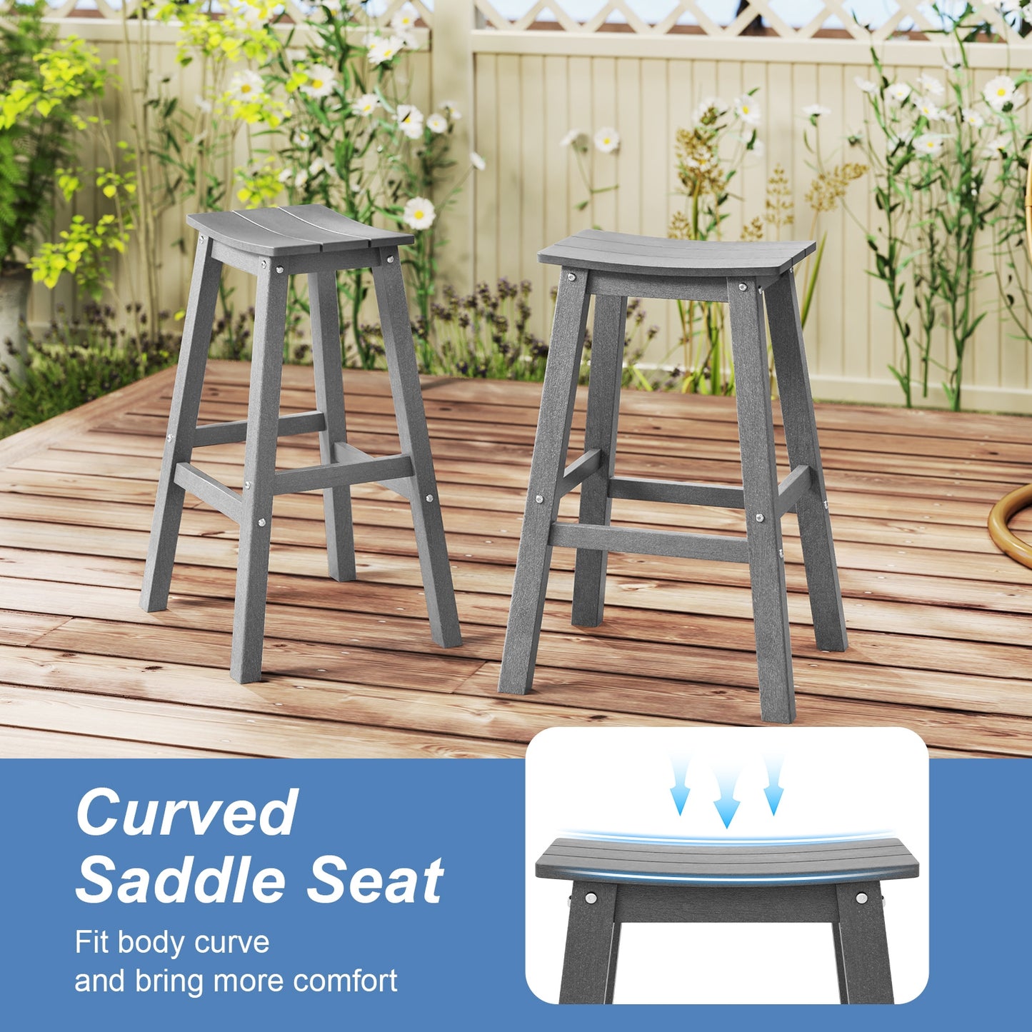 Outdoor Saddle Bar Stools Set of 2, 29 Inch HDPE Armless Patio Seating with Footrest, Grey Finish