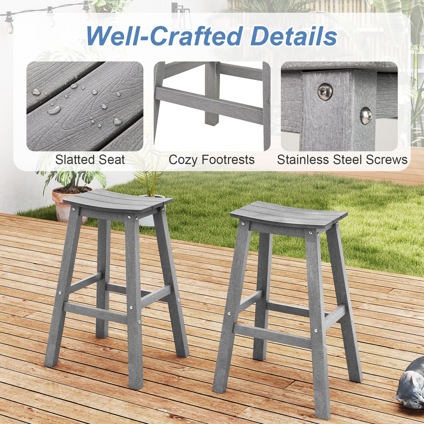 Outdoor Saddle Bar Stools Set of 2, 29 Inch HDPE Armless Patio Seating with Footrest, Grey Finish