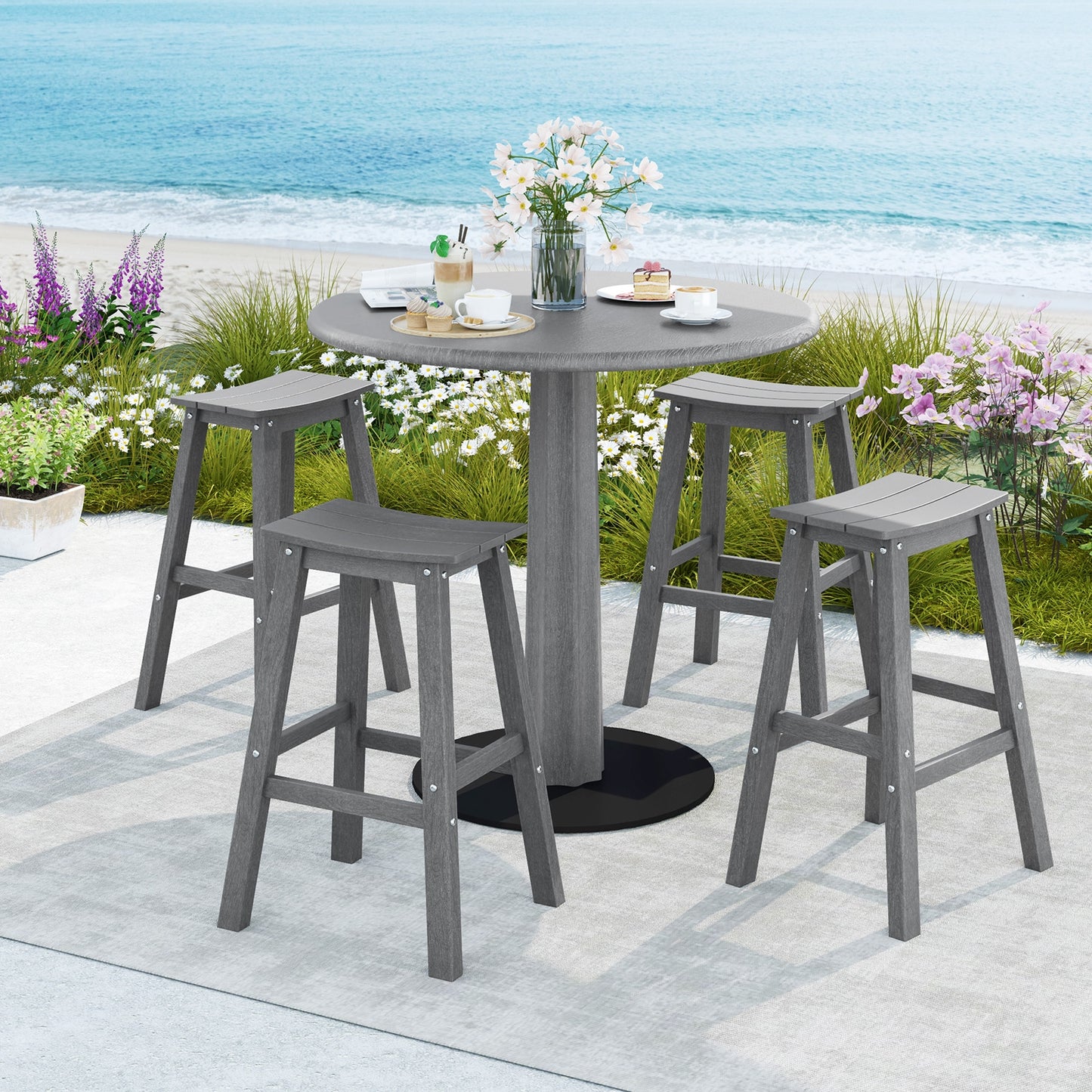 Outdoor Saddle Bar Stools Set of 2, 29 Inch HDPE Armless Patio Seating with Footrest, Grey Finish