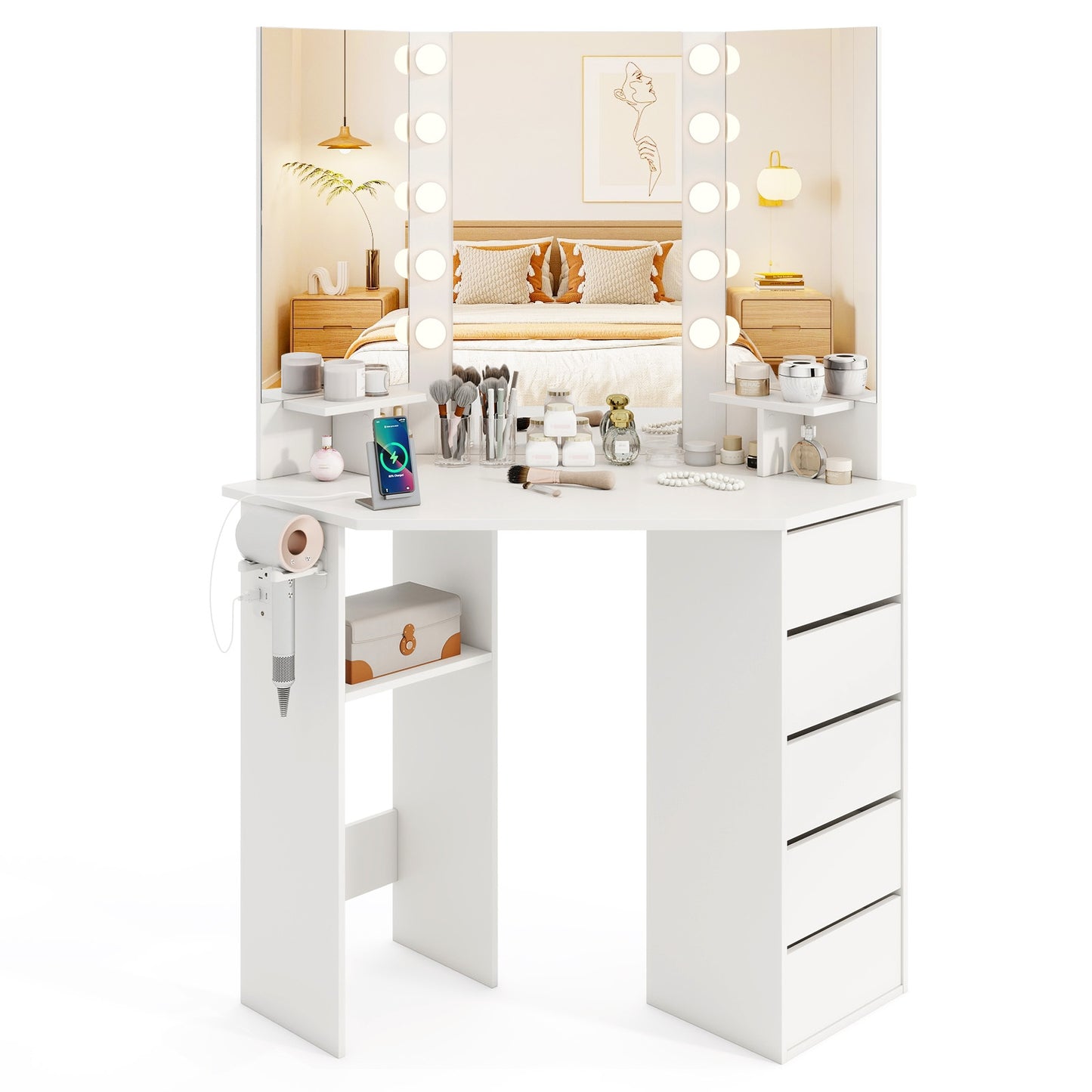 Corner Vanity Desk and Chair Set with LED Lighted Mirror and Charging Station – White