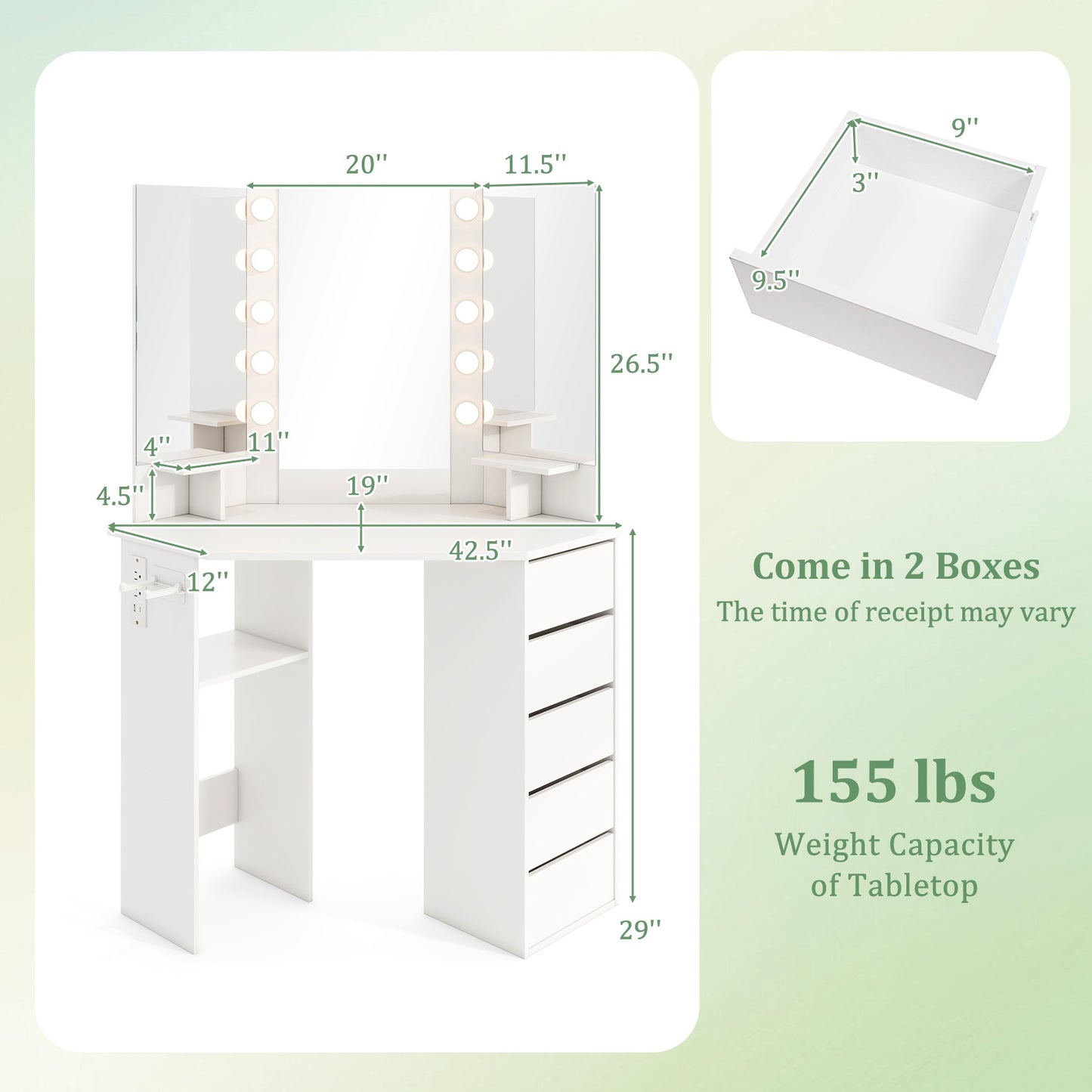 Corner Vanity Desk and Chair Set with LED Lighted Mirror and Charging Station – White