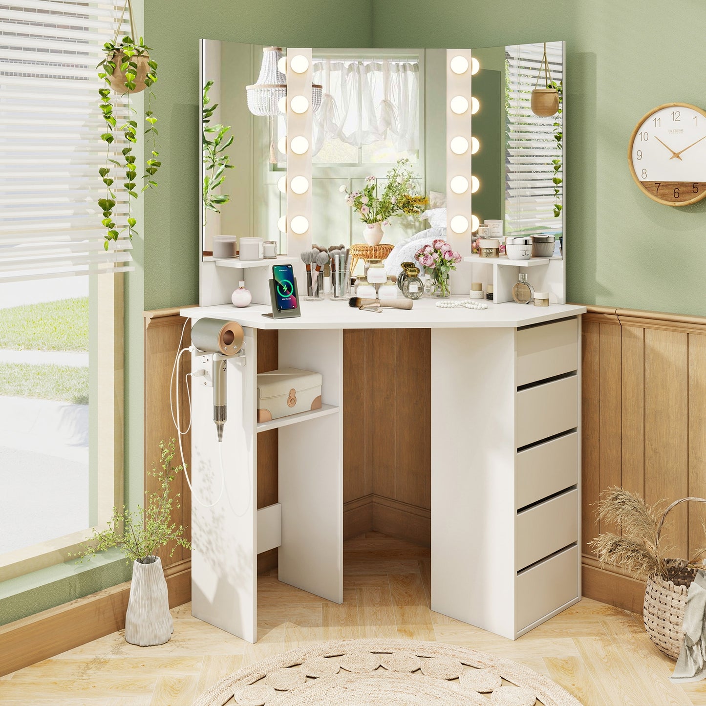 Corner Vanity Desk and Chair Set with LED Lighted Mirror and Charging Station – White
