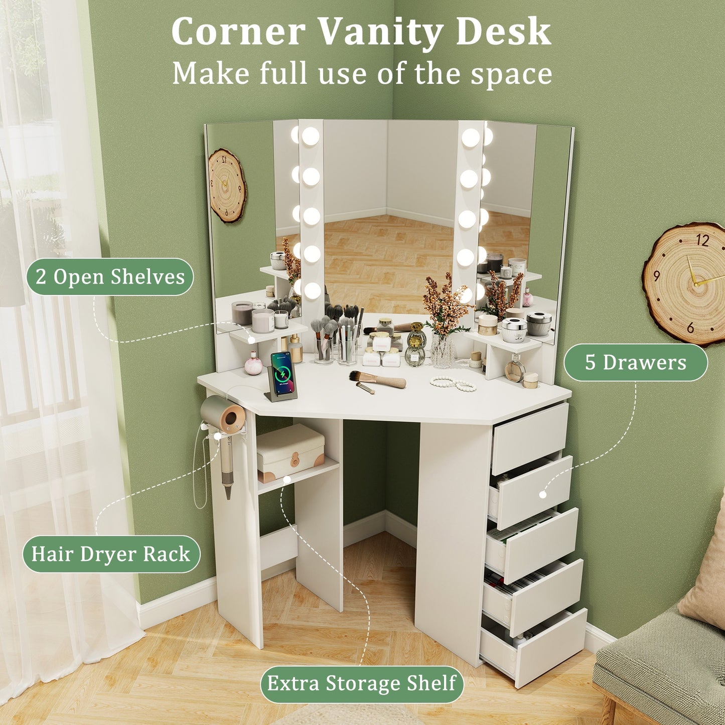 Corner Vanity Desk and Chair Set with LED Lighted Mirror and Charging Station – White