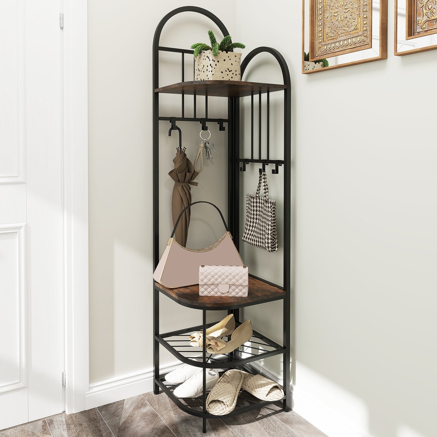 4-in-1 Corner Hall Tree with Coat Rack Shoe Storage Bench and Top Shelf - Rustic Brown