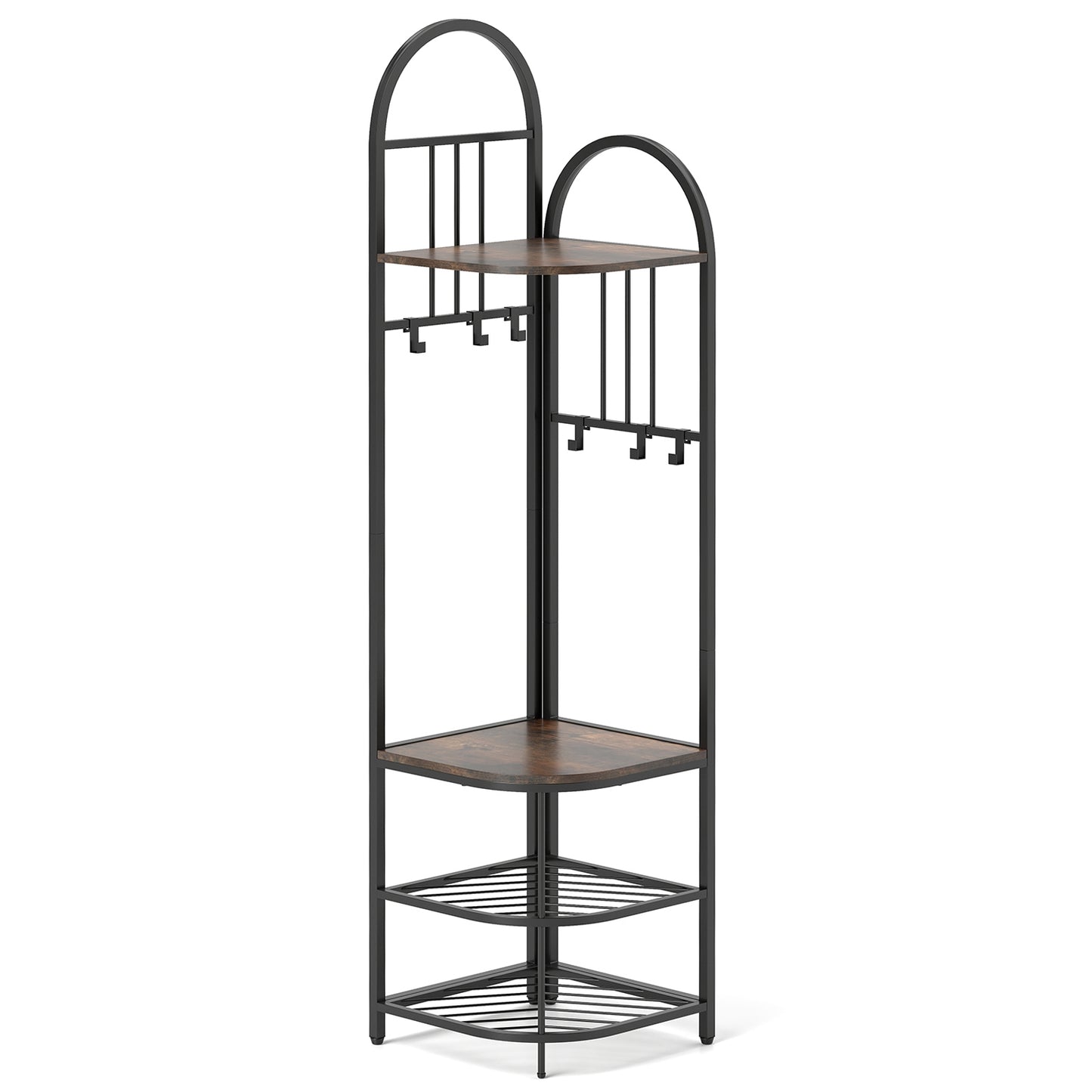 4-in-1 Corner Hall Tree with Coat Rack Shoe Storage Bench and Top Shelf - Rustic Brown