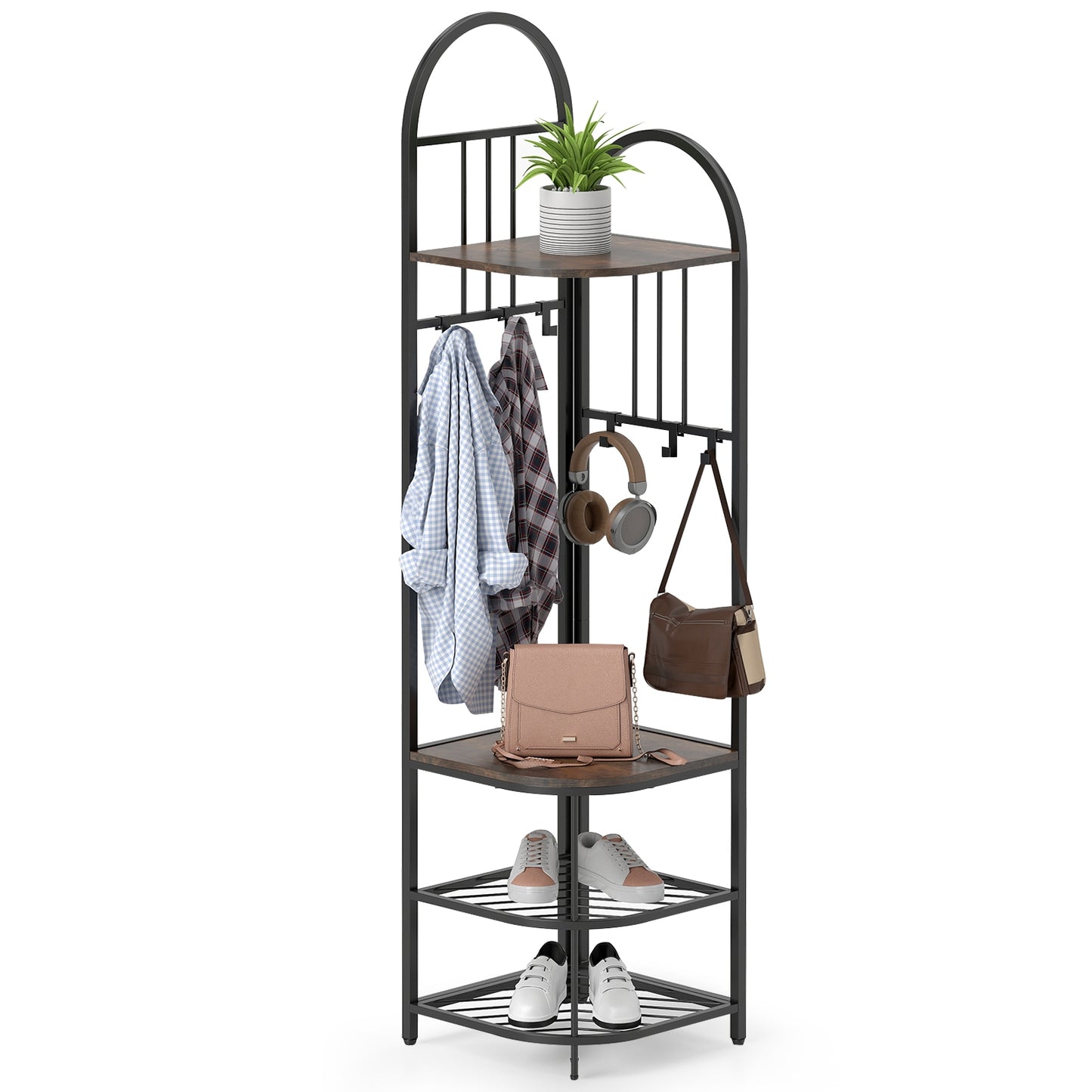 4-in-1 Corner Hall Tree with Coat Rack Shoe Storage Bench and Top Shelf - Rustic Brown