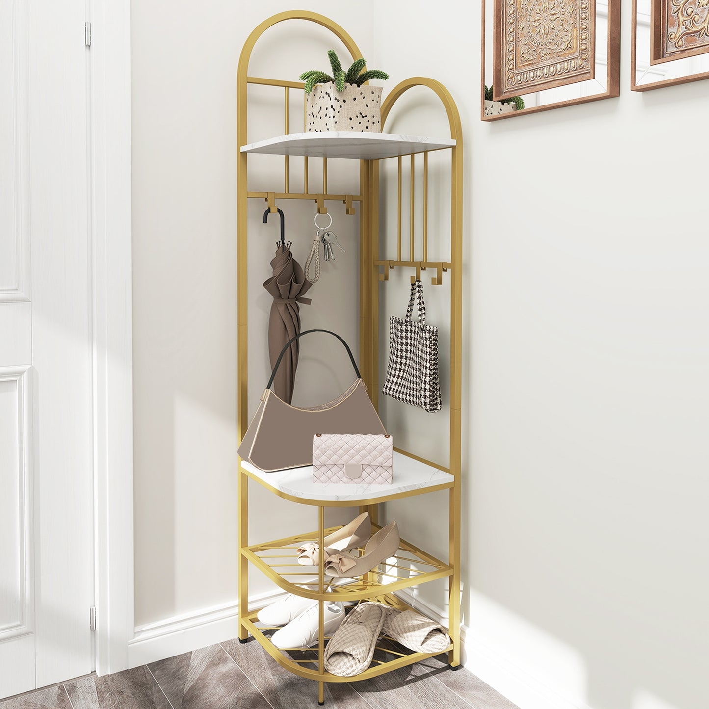 4-in-1 Corner Hall Tree with Coat Rack Shoe Storage Bench and Top Shelf - White
