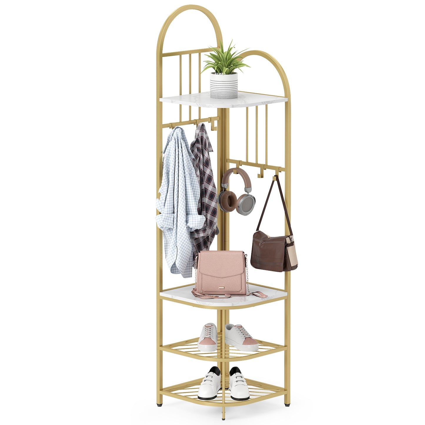 4-in-1 Corner Hall Tree with Coat Rack Shoe Storage Bench and Top Shelf - White