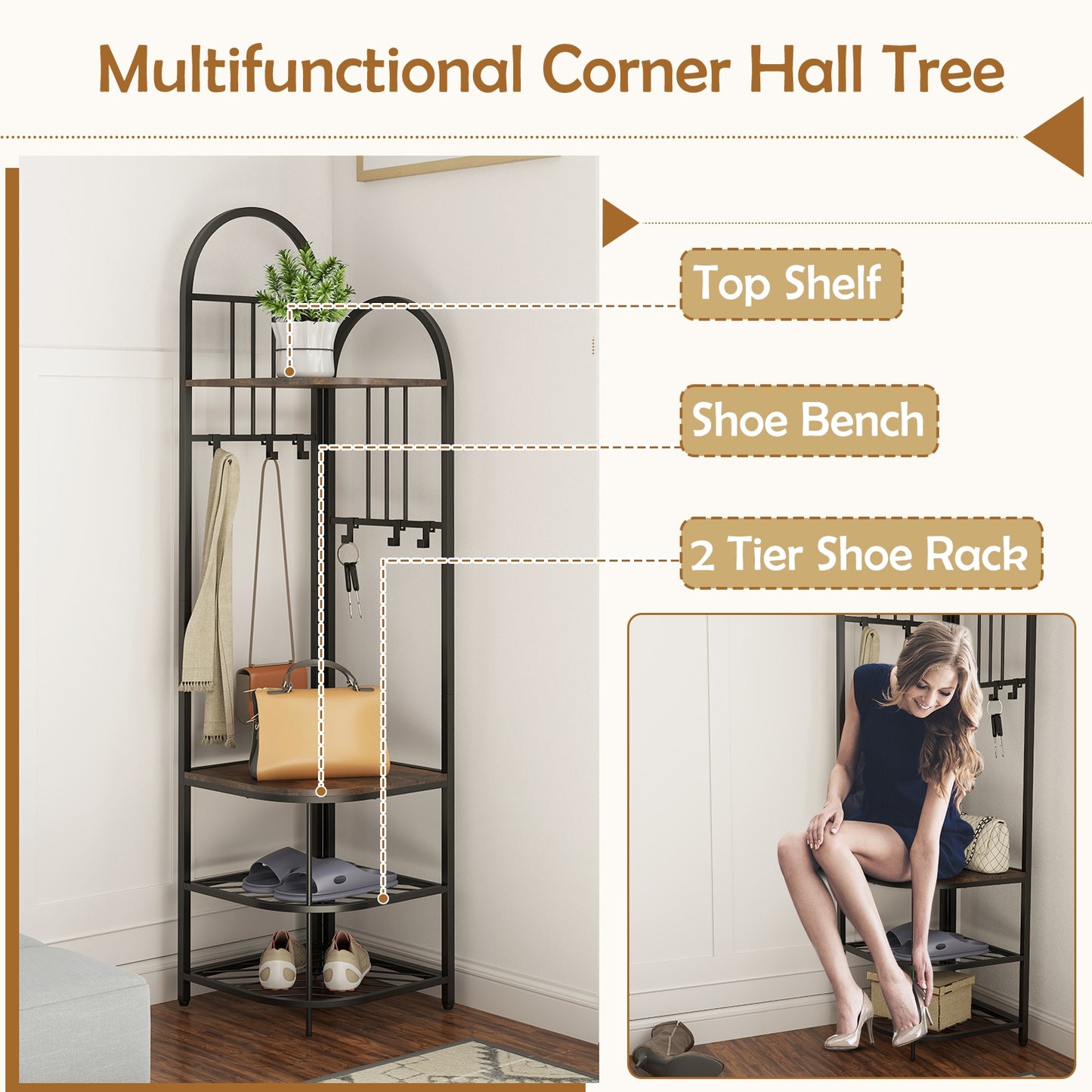 4-in-1 Corner Hall Tree with Coat Rack Shoe Storage Bench and Top Shelf - Rustic Brown
