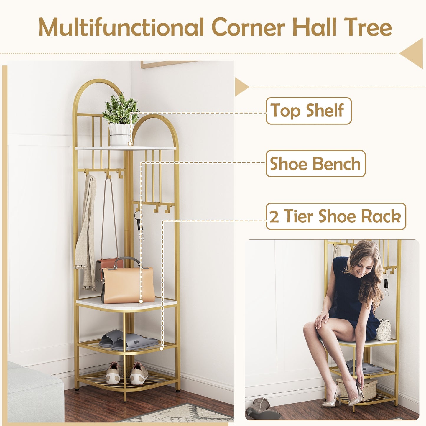4-in-1 Corner Hall Tree with Coat Rack Shoe Storage Bench and Top Shelf - White