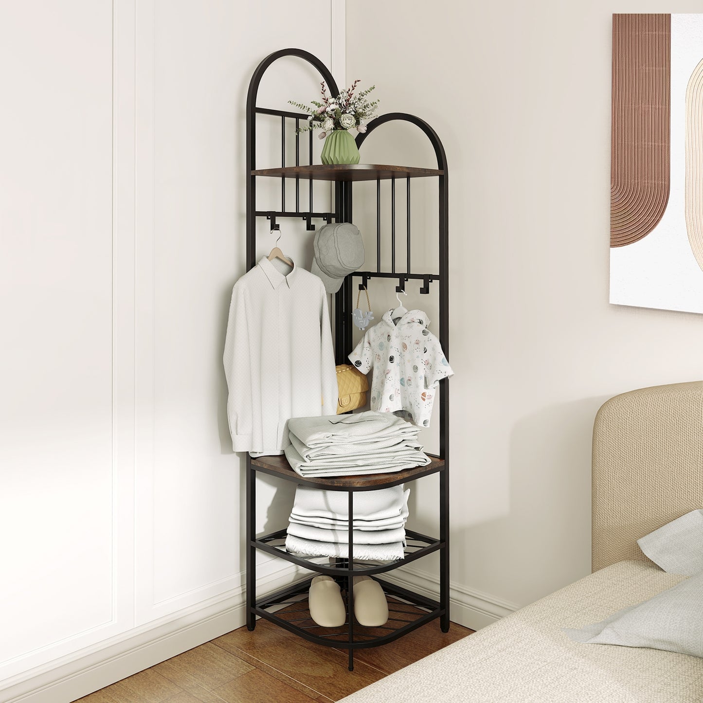 4-in-1 Corner Hall Tree with Coat Rack Shoe Storage Bench and Top Shelf - Rustic Brown