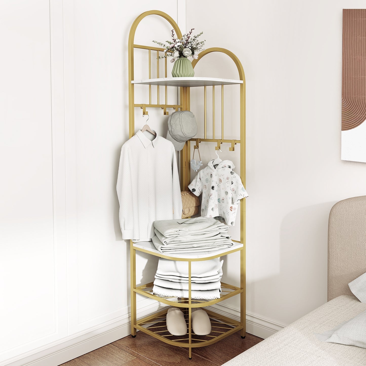 4-in-1 Corner Hall Tree with Coat Rack Shoe Storage Bench and Top Shelf - White