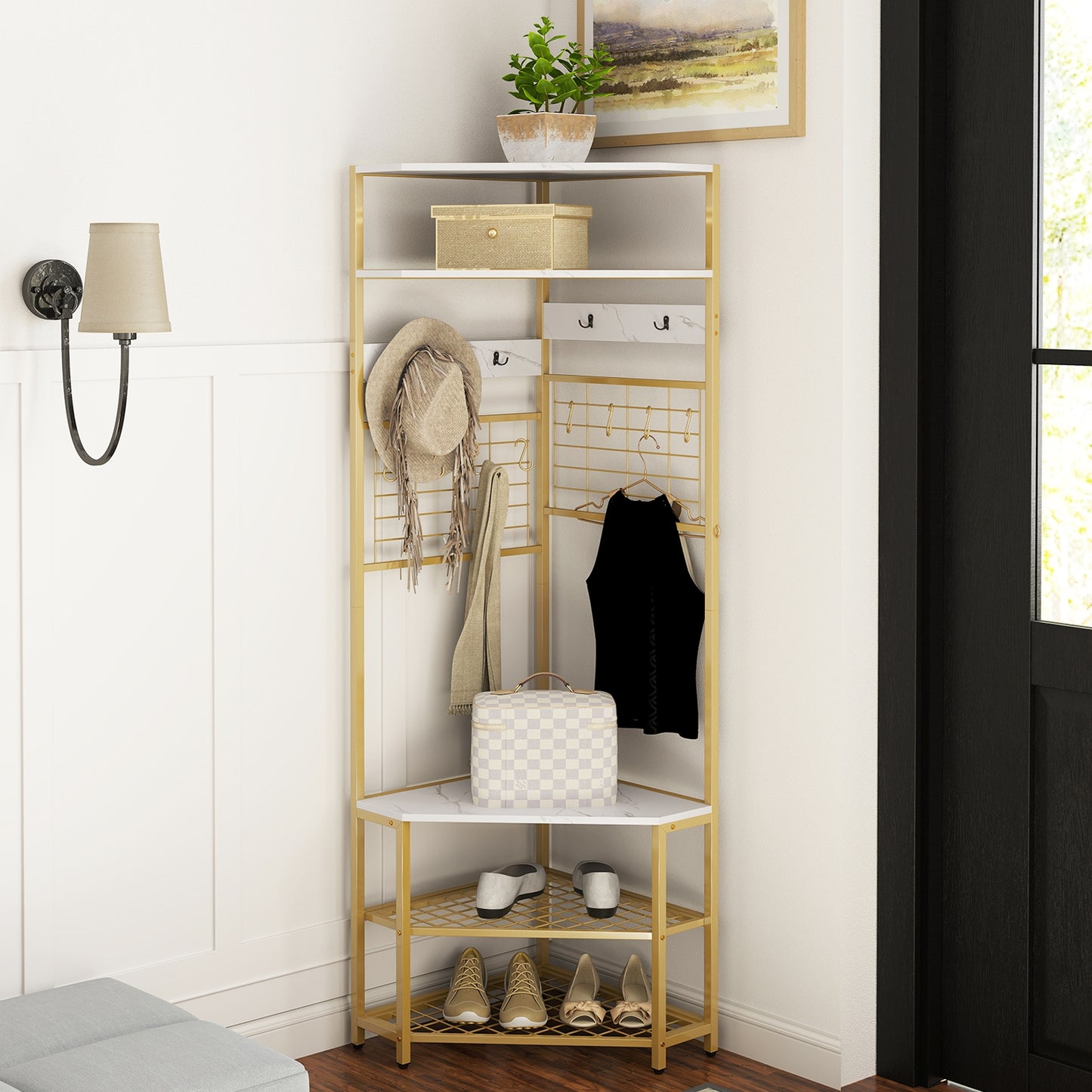 5-Tier Corner Hall Tree with Coat Rack, Storage Shelves, and Shoe Bench in White