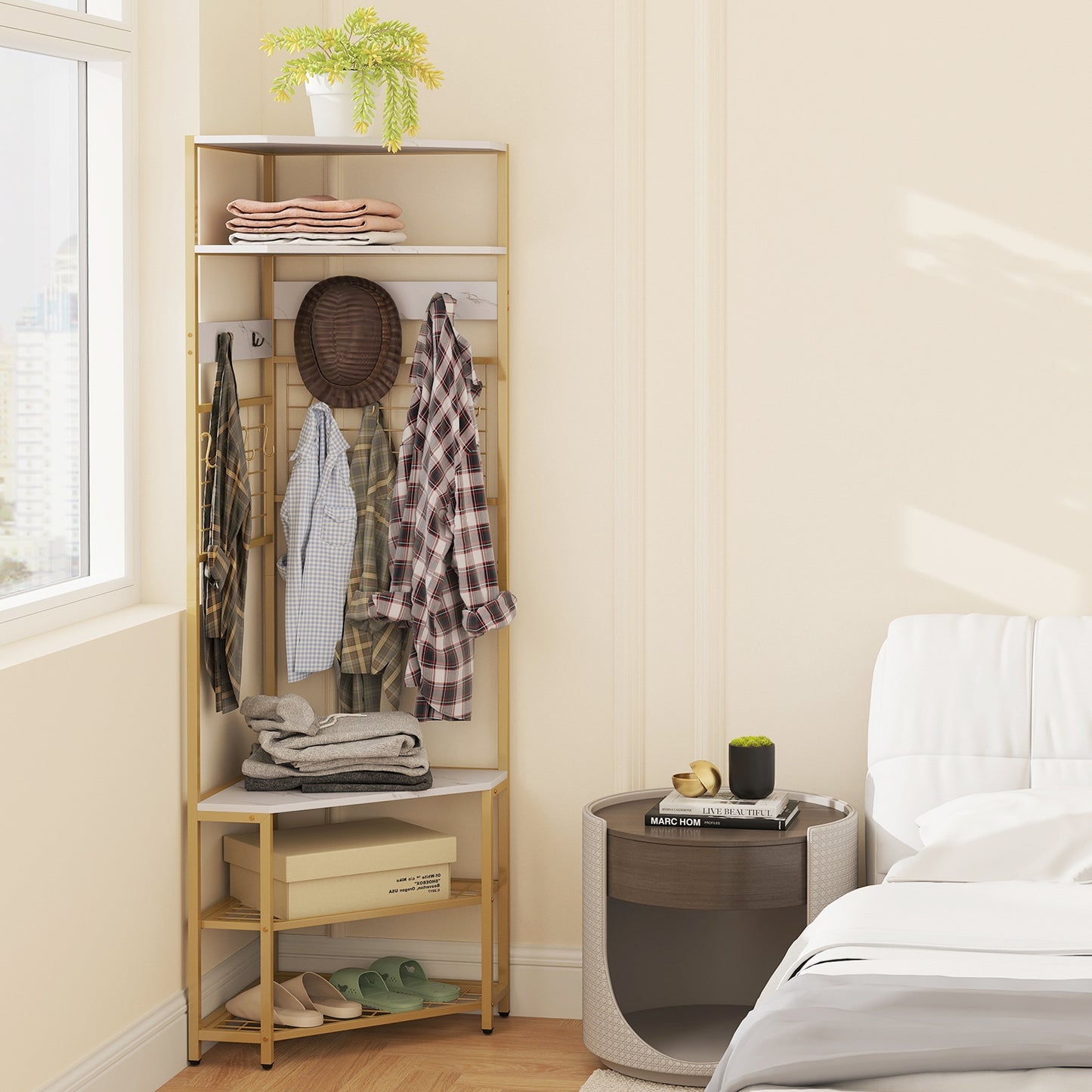 5-Tier Corner Hall Tree with Coat Rack, Storage Shelves, and Shoe Bench in White