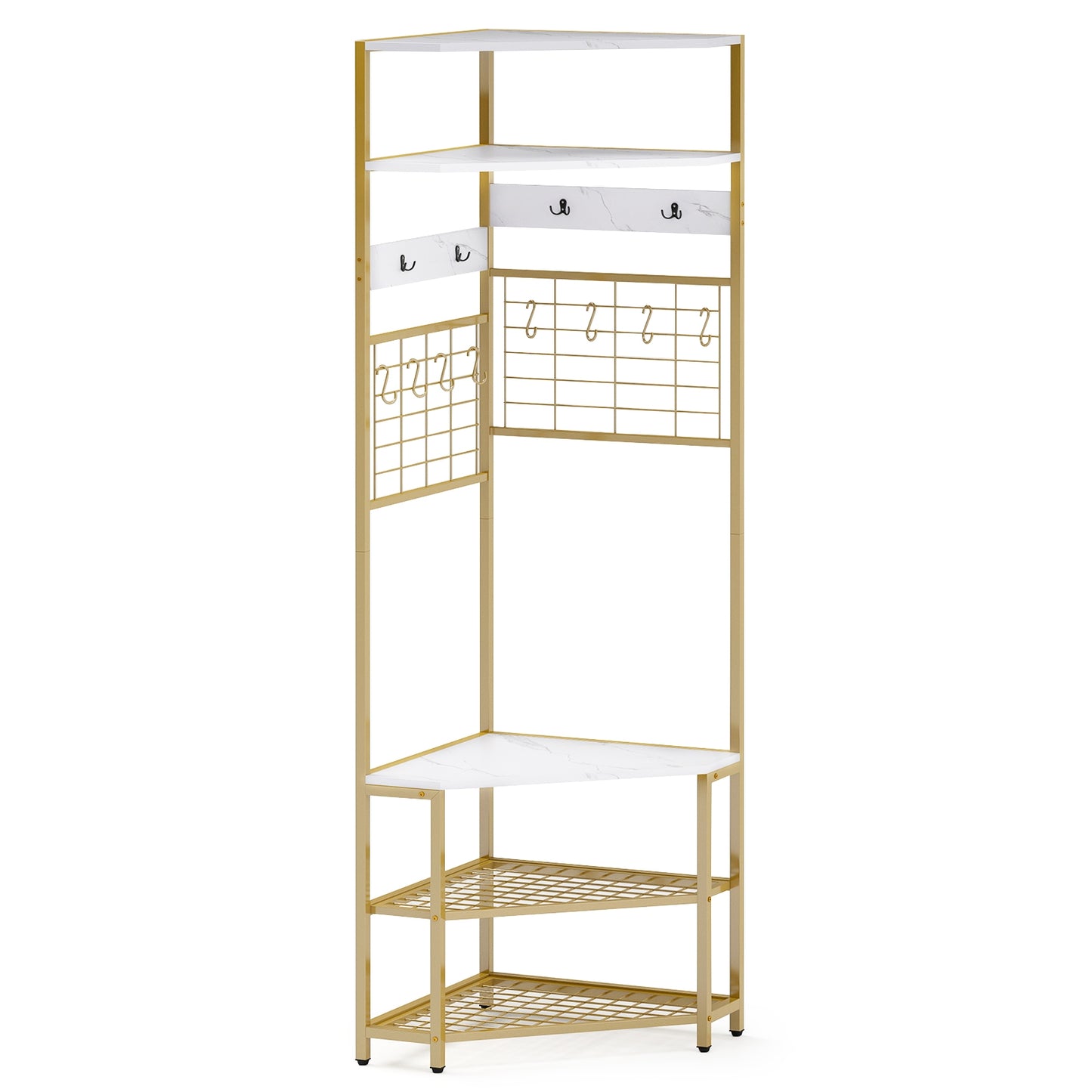 5-Tier Corner Hall Tree with Coat Rack, Storage Shelves, and Shoe Bench in White