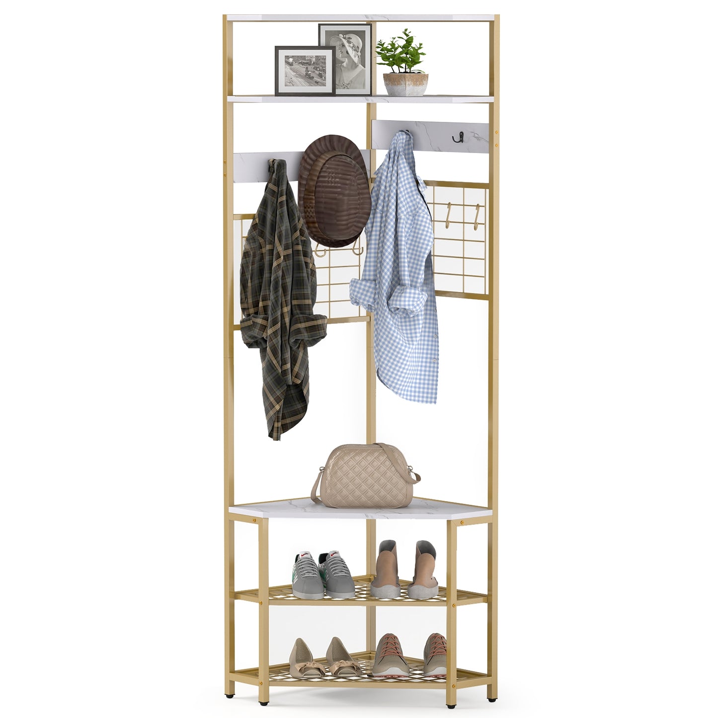 5-Tier Corner Hall Tree with Coat Rack, Storage Shelves, and Shoe Bench in White