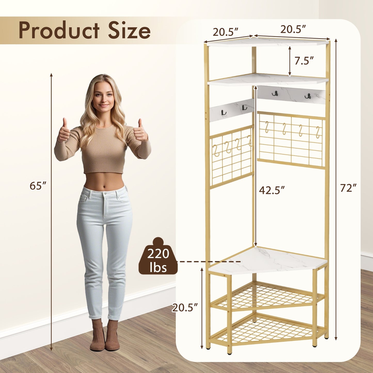 5-Tier Corner Hall Tree with Coat Rack, Storage Shelves, and Shoe Bench in White