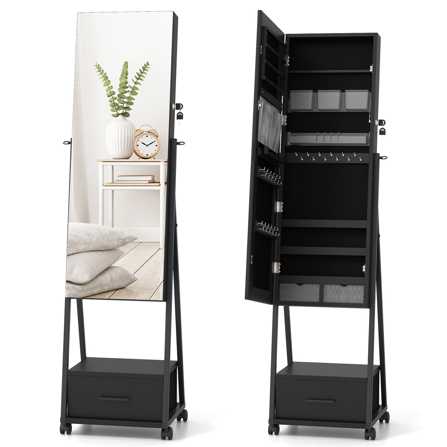 Freestanding Jewelry Armoire with Full-Length Mirror and Lockable Storage – Black