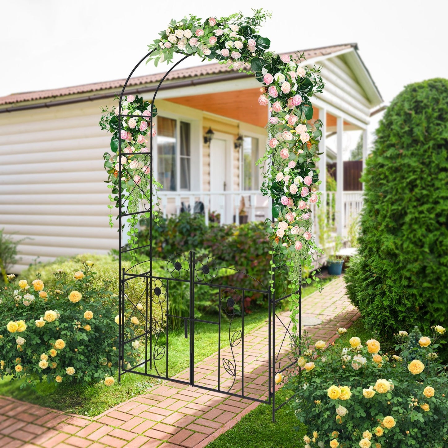 Multifunctional Garden Arbor with Gate, Trellis & Latch for Outdoor Lawn and Garden