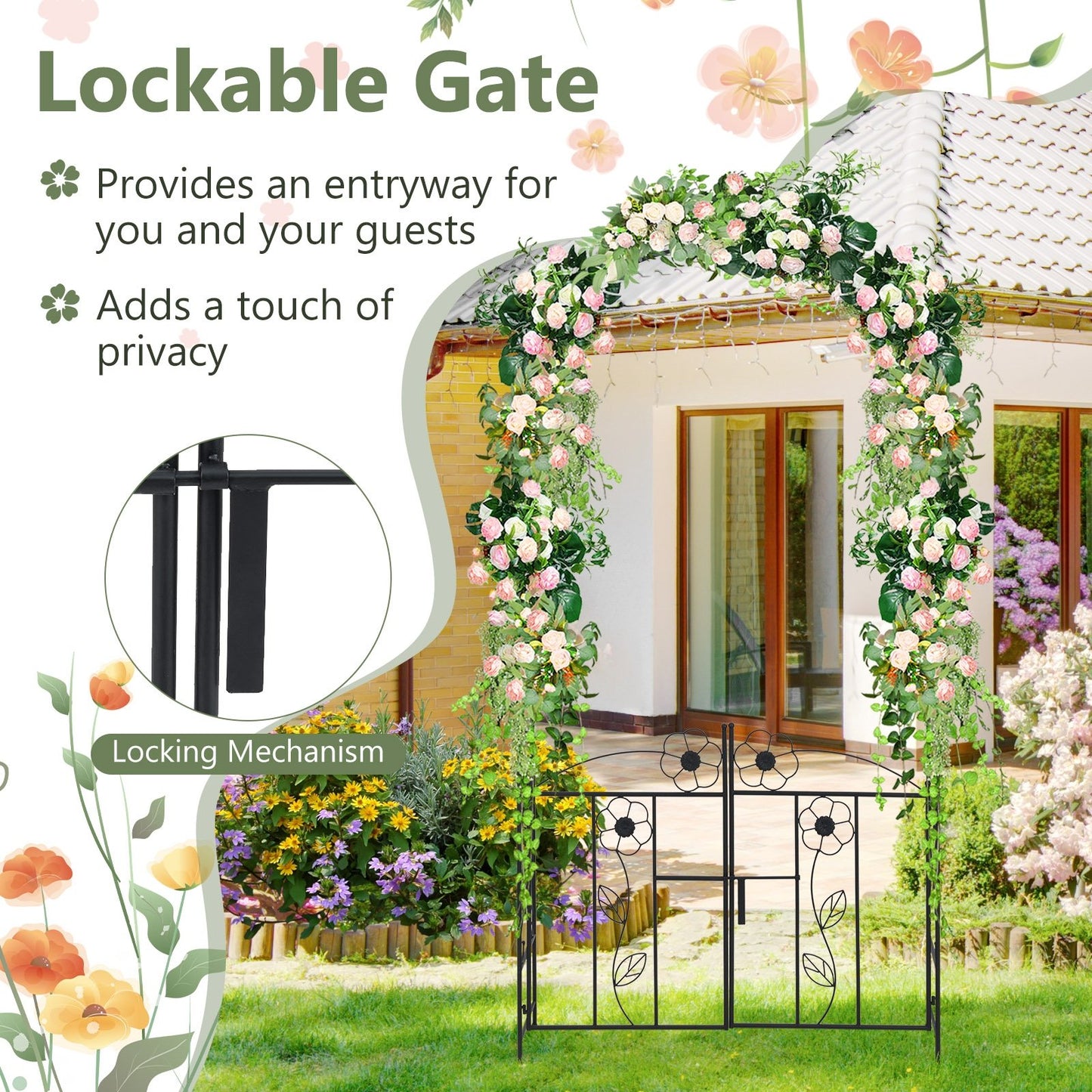 Multifunctional Garden Arbor with Gate, Trellis & Latch for Outdoor Lawn and Garden
