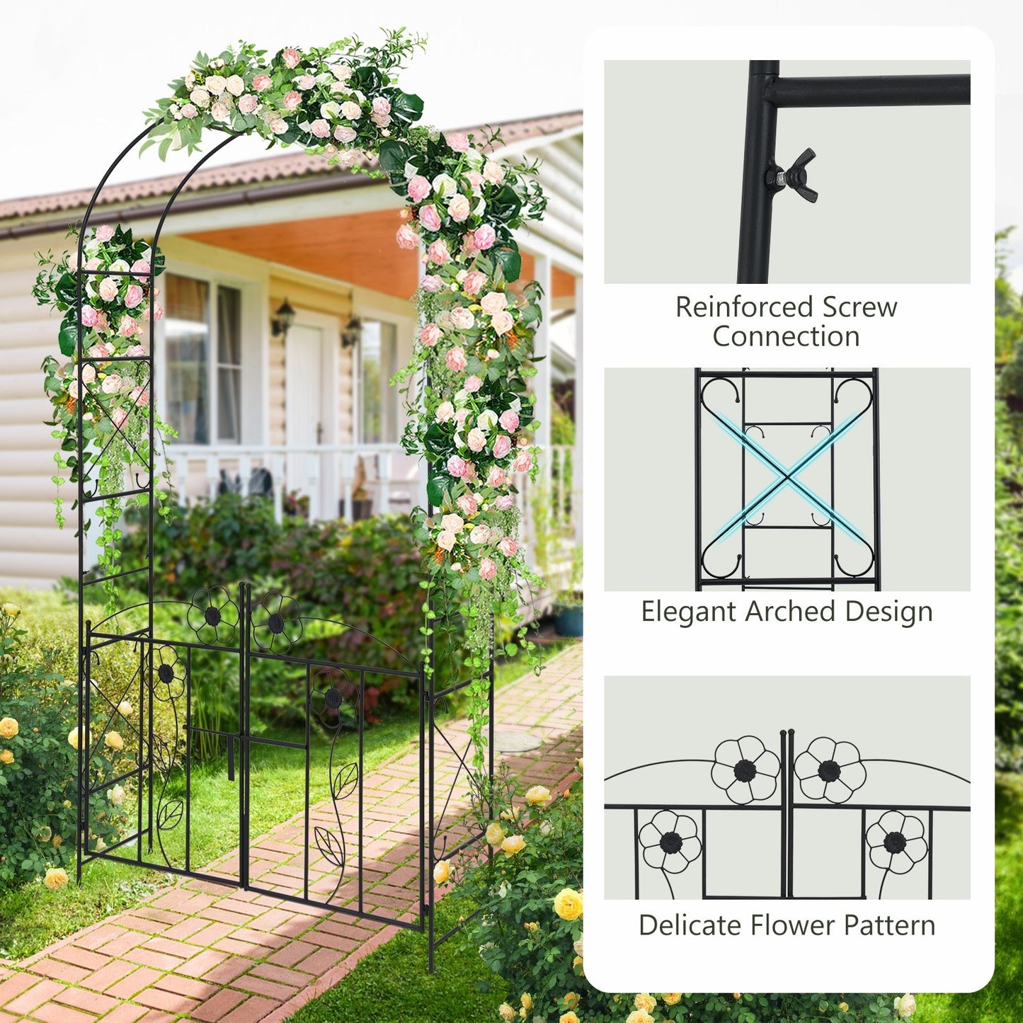 Multifunctional Garden Arbor with Gate, Trellis & Latch for Outdoor Lawn and Garden